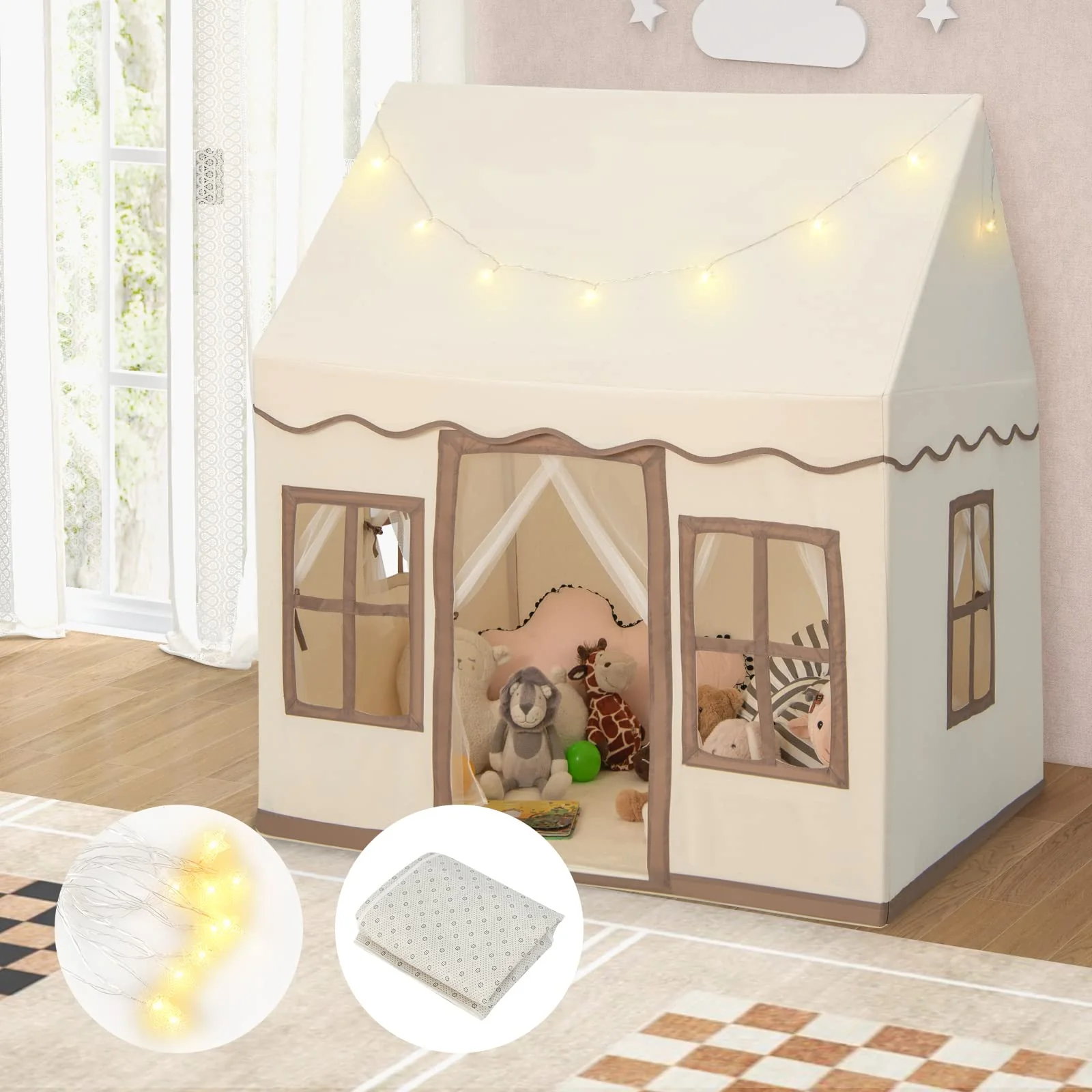 HONEY JOY Kids Play Tent, Toddler Large Playhouse w/Star String Lights - Image 7