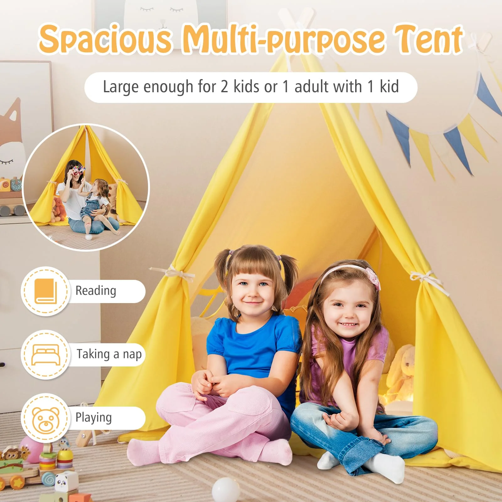 HONEY JOY Kids Play Tent, Triangular Kids & Toddlers Tent with Solid Wood Frame - Image 3