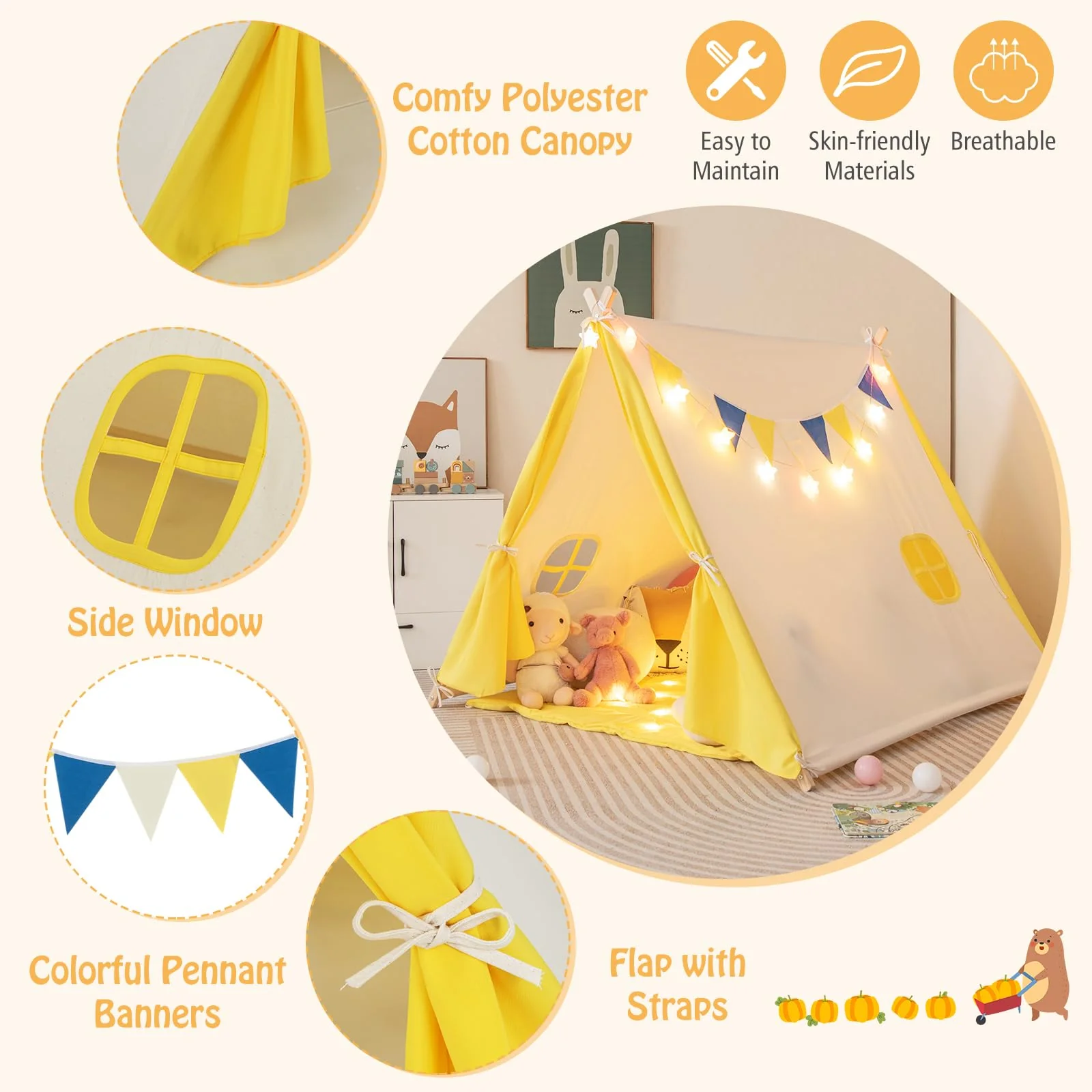 HONEY JOY Kids Play Tent, Triangular Kids & Toddlers Tent with Solid Wood Frame - Image 4