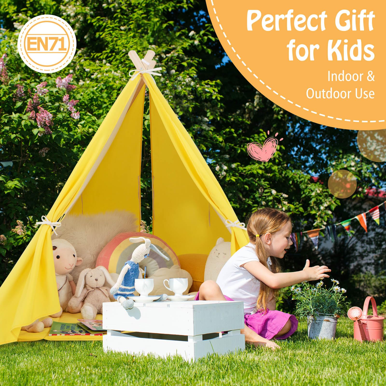 HONEY JOY Kids Play Tent, Triangular Kids & Toddlers Tent with Solid Wood Frame - Image 5