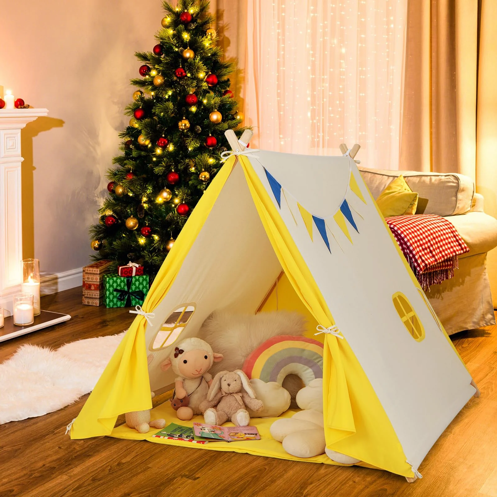 HONEY JOY Kids Play Tent, Triangular Kids & Toddlers Tent with Solid Wood Frame - Image 8