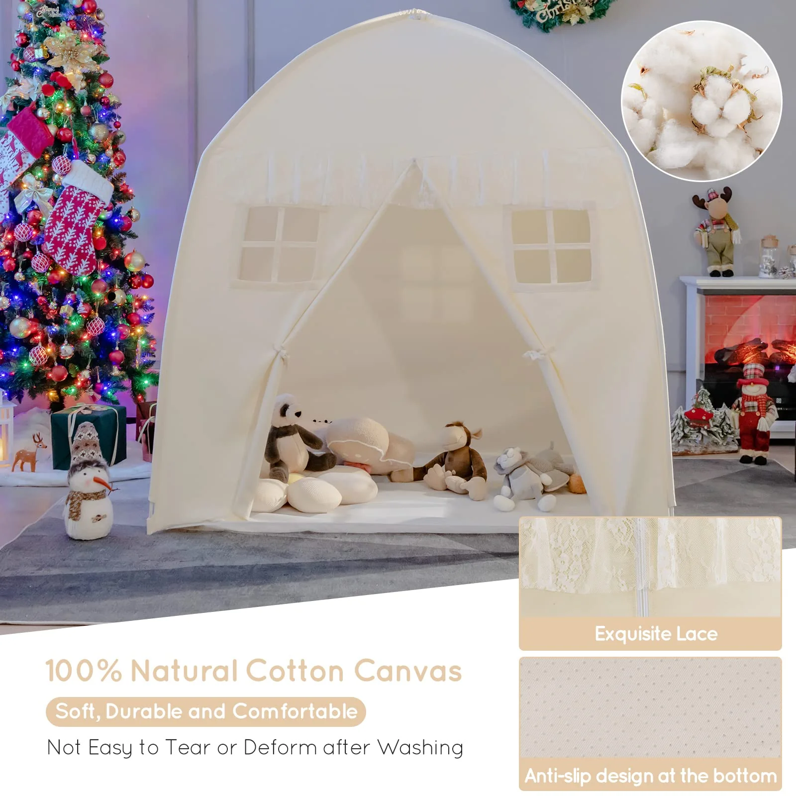 HONEY JOY Kids Play Tent with Non-Slip Mat, Large Cotton Canvas Playhouse w/ 4 Windows, Straps, Zipper, Carry Bag - Image 3