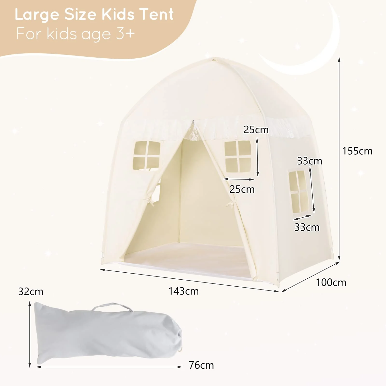 HONEY JOY Kids Play Tent with Non-Slip Mat, Large Cotton Canvas Playhouse w/ 4 Windows, Straps, Zipper, Carry Bag - Image 5