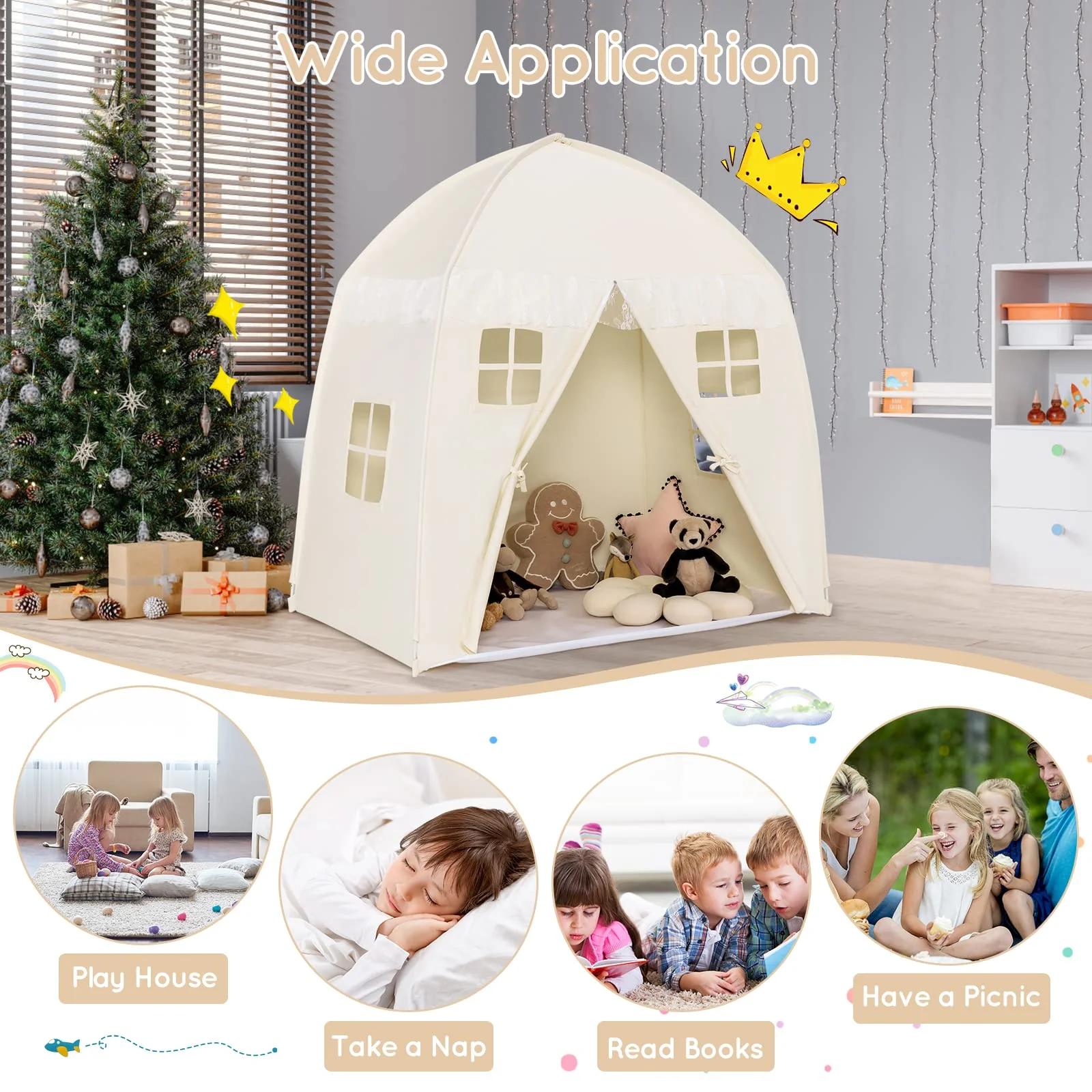HONEY JOY Kids Play Tent with Non-Slip Mat, Large Cotton Canvas Playhouse w/ 4 Windows, Straps, Zipper, Carry Bag - Image 7