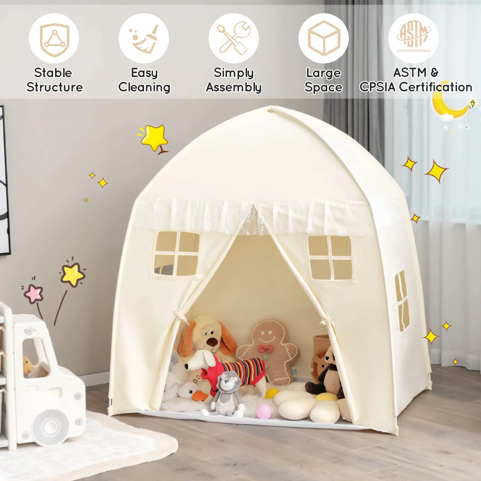 HONEY JOY Kids Play Tent with Non-Slip Mat, Large Cotton Canvas Playhouse w/ 4 Windows, Straps, Zipper, Carry Bag - Image 8