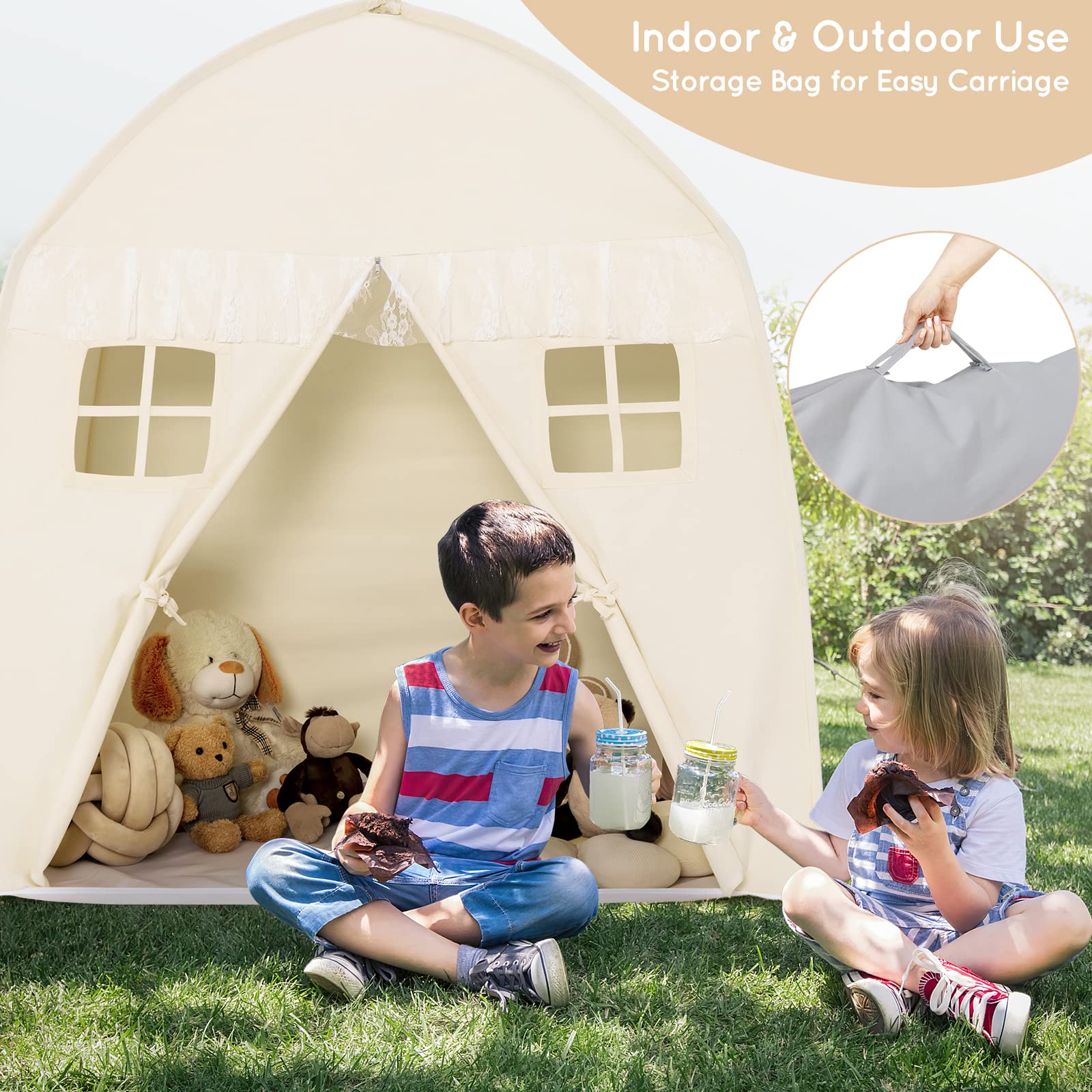 HONEY JOY Kids Play Tent with Non-Slip Mat, Large Cotton Canvas Playhouse w/ 4 Windows, Straps, Zipper, Carry Bag - Image 9