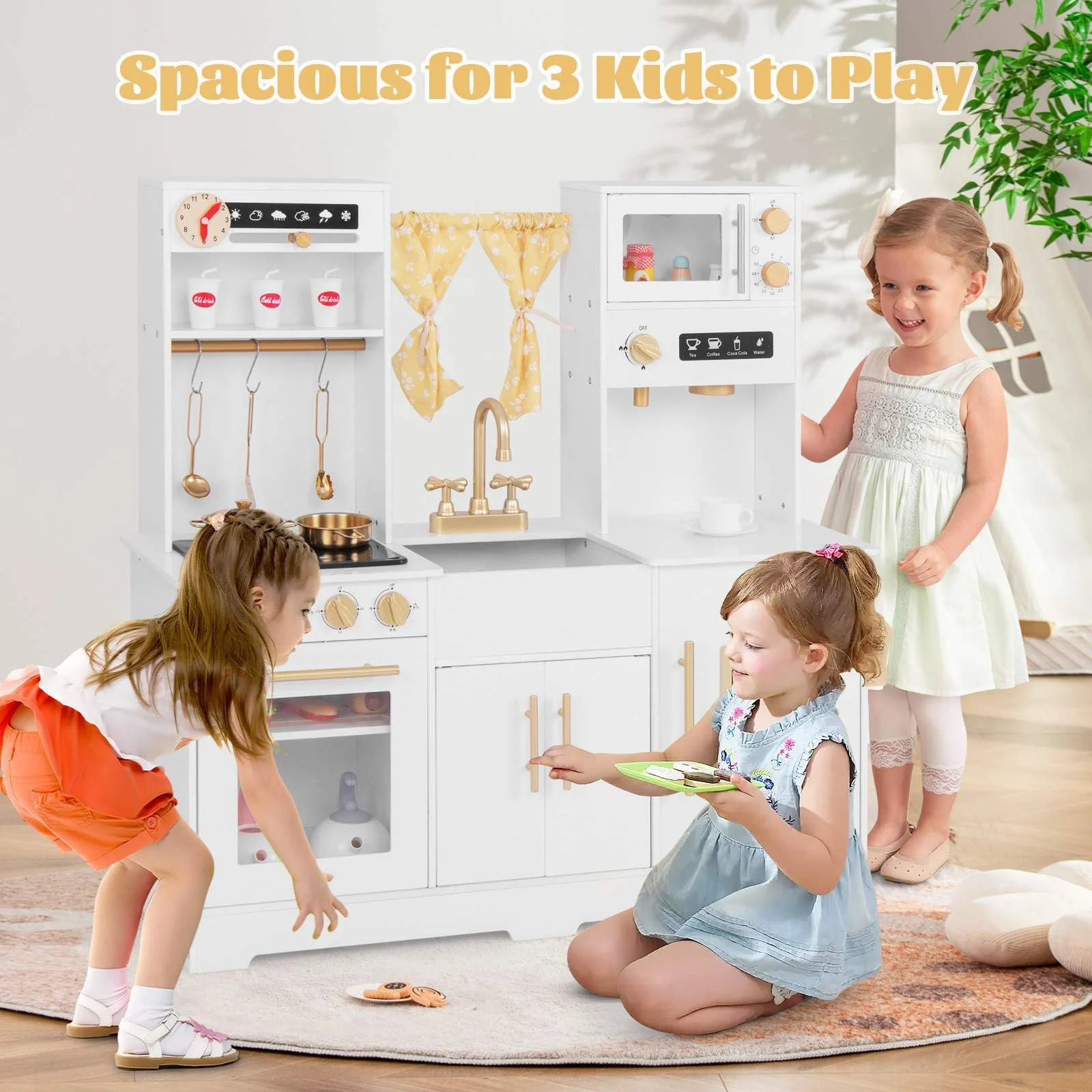 HONEY JOY Kids Pretend Play Kitchen, Kitchen Playset w/Coffee Maker, Sink, Faucet, Stove, Water Dispenser - Image 2