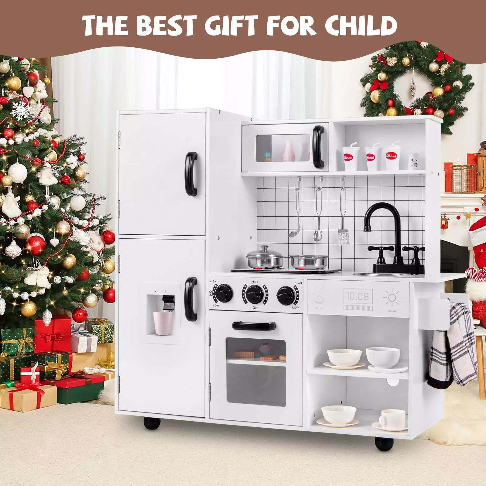 HONEY JOY Kids Pretend Play Kitchen Wooden Kitchen Cooking Sink Playset Gift - Image 4