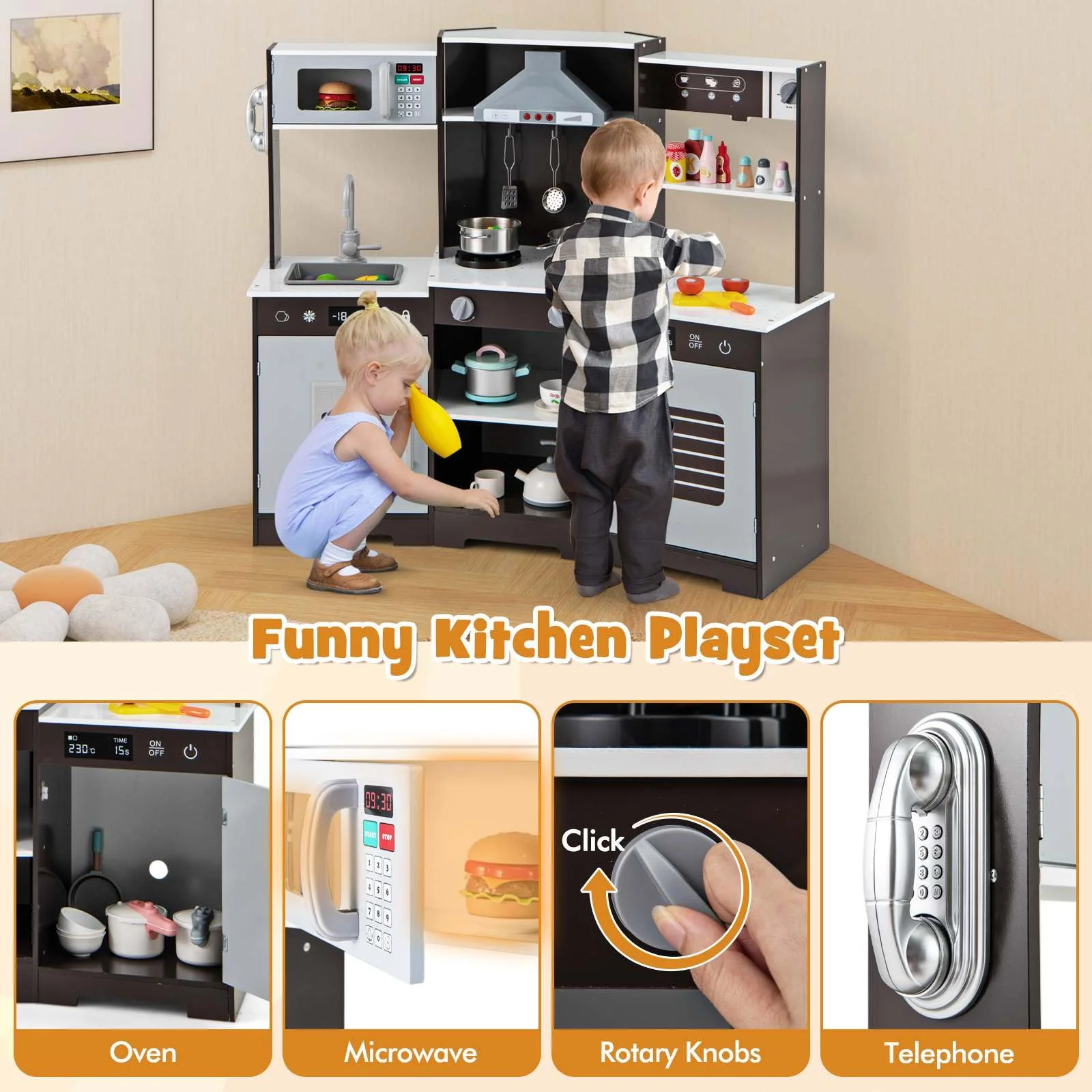 HONEY JOY Kids Pretend Play Kitchen Wooden Kitchen Playset Toy Gift w/Range Hood - Image 2