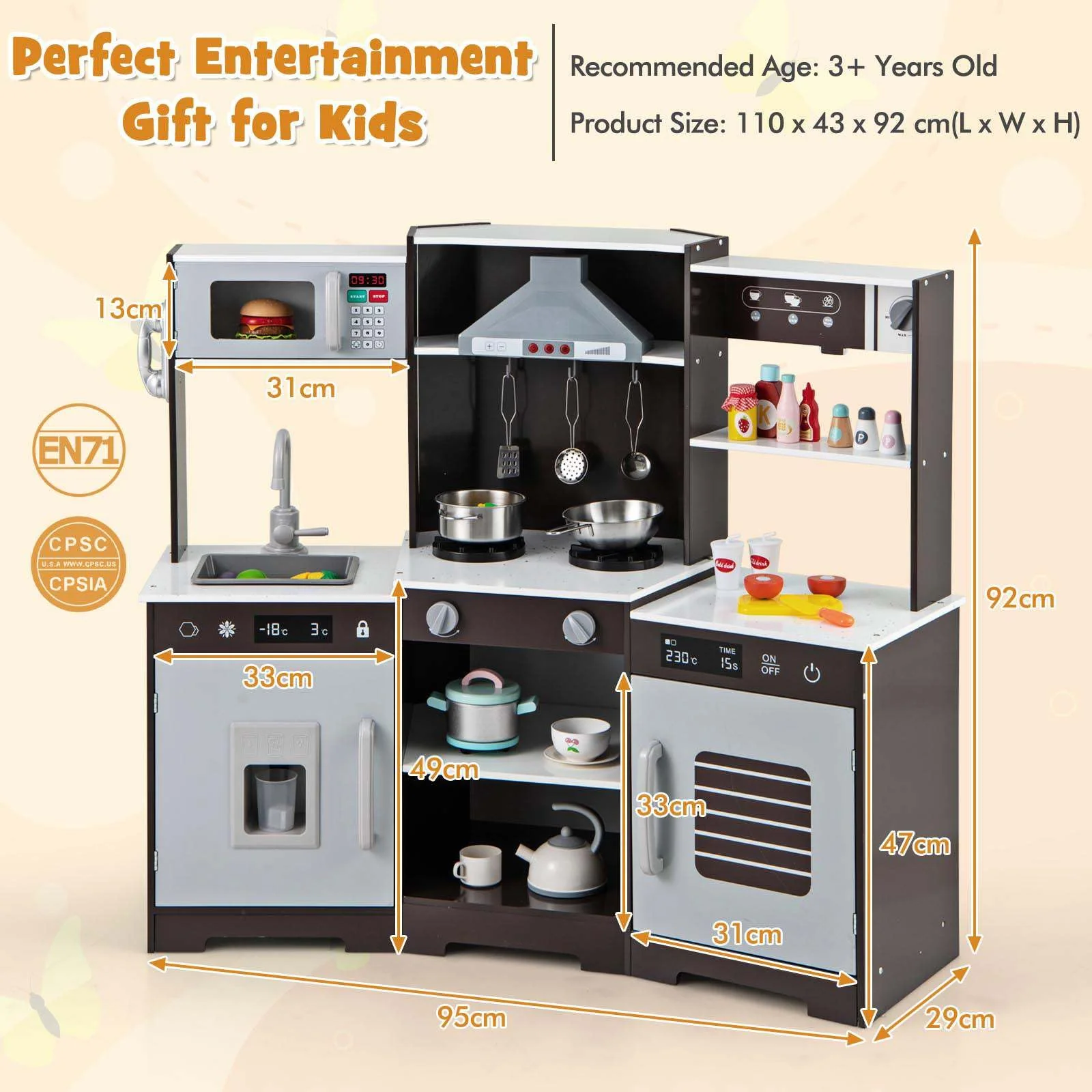 HONEY JOY Kids Pretend Play Kitchen Wooden Kitchen Playset Toy Gift w/Range Hood - Image 3