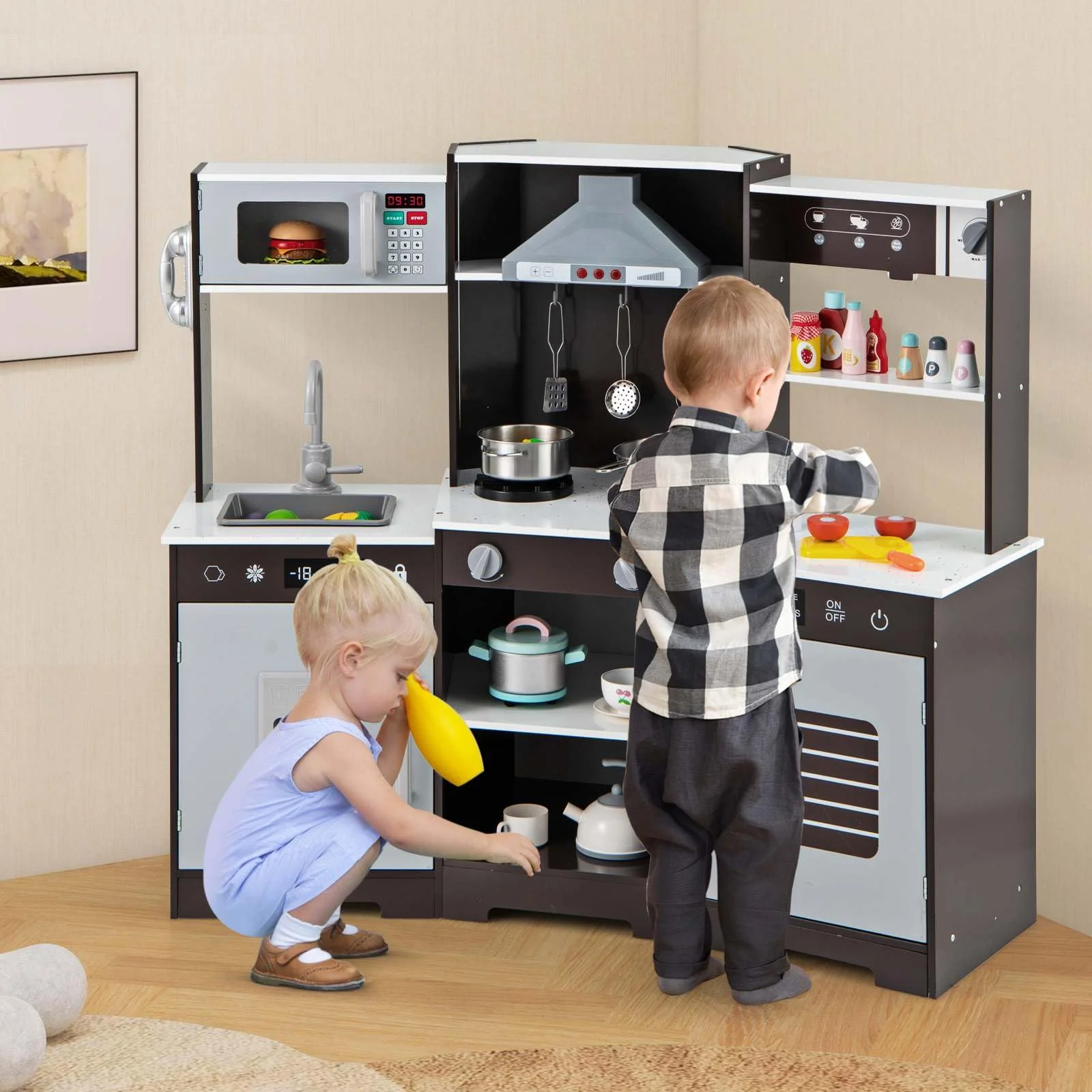 HONEY JOY Kids Pretend Play Kitchen Wooden Kitchen Playset Toy Gift w/Range Hood - Image 6