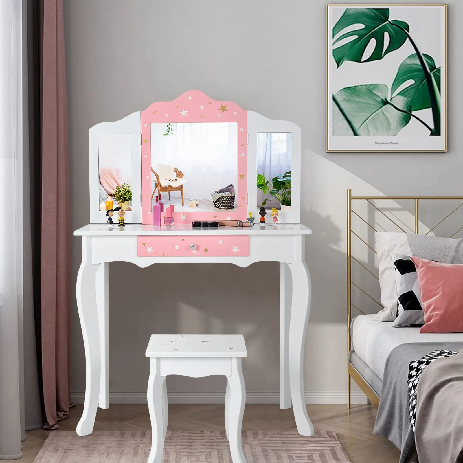 HONEY JOY Kids Pretend Play Vanity Set, 2-in-1 Wooden Princess Makeup Dressing Table w/Stool & Drawer - Image 2