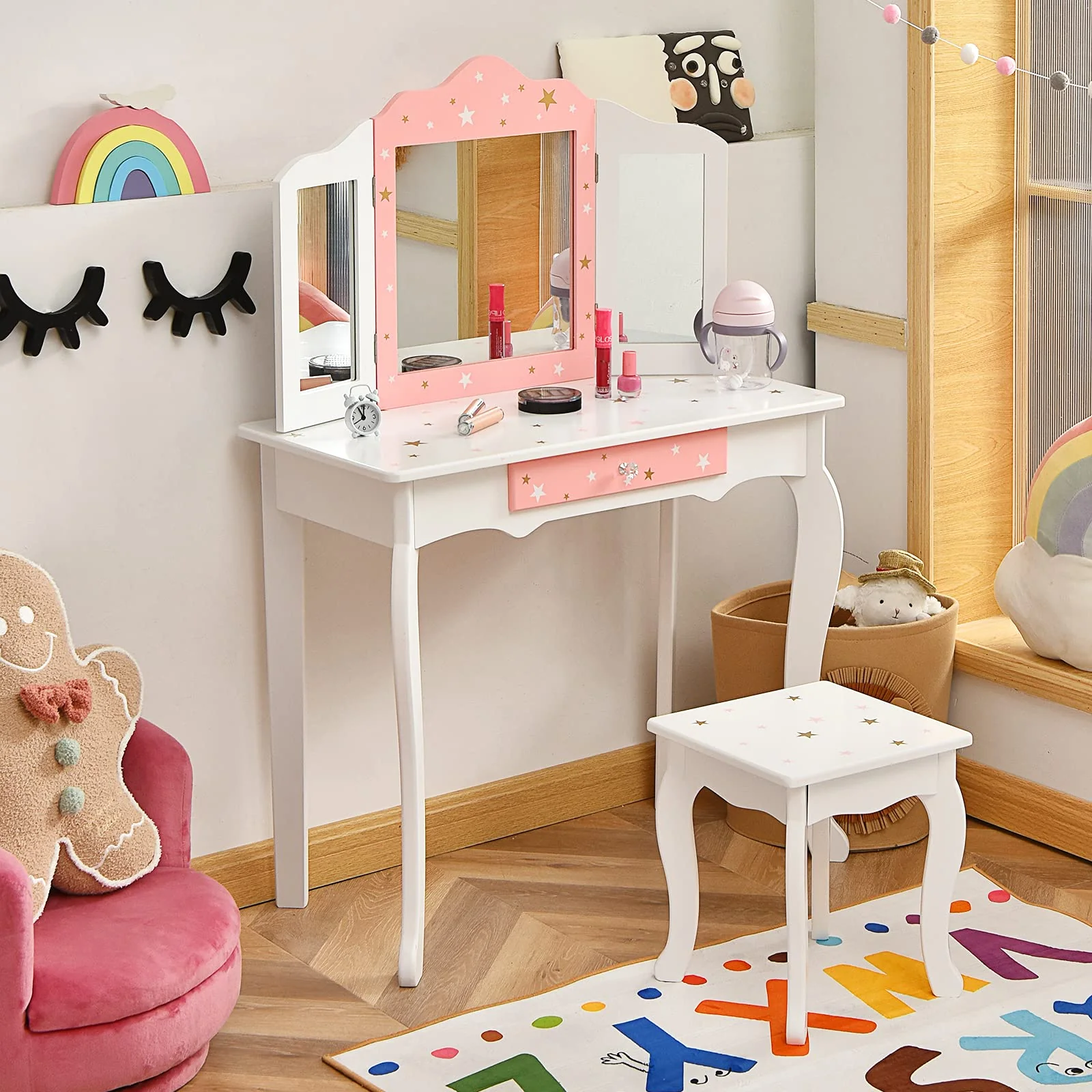 HONEY JOY Kids Pretend Play Vanity Set, 2-in-1 Wooden Princess Makeup Dressing Table w/Stool & Drawer - Image 3