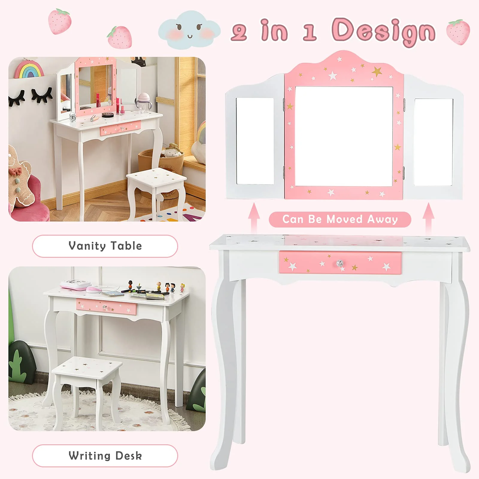 HONEY JOY Kids Pretend Play Vanity Set, 2-in-1 Wooden Princess Makeup Dressing Table w/Stool & Drawer - Image 4
