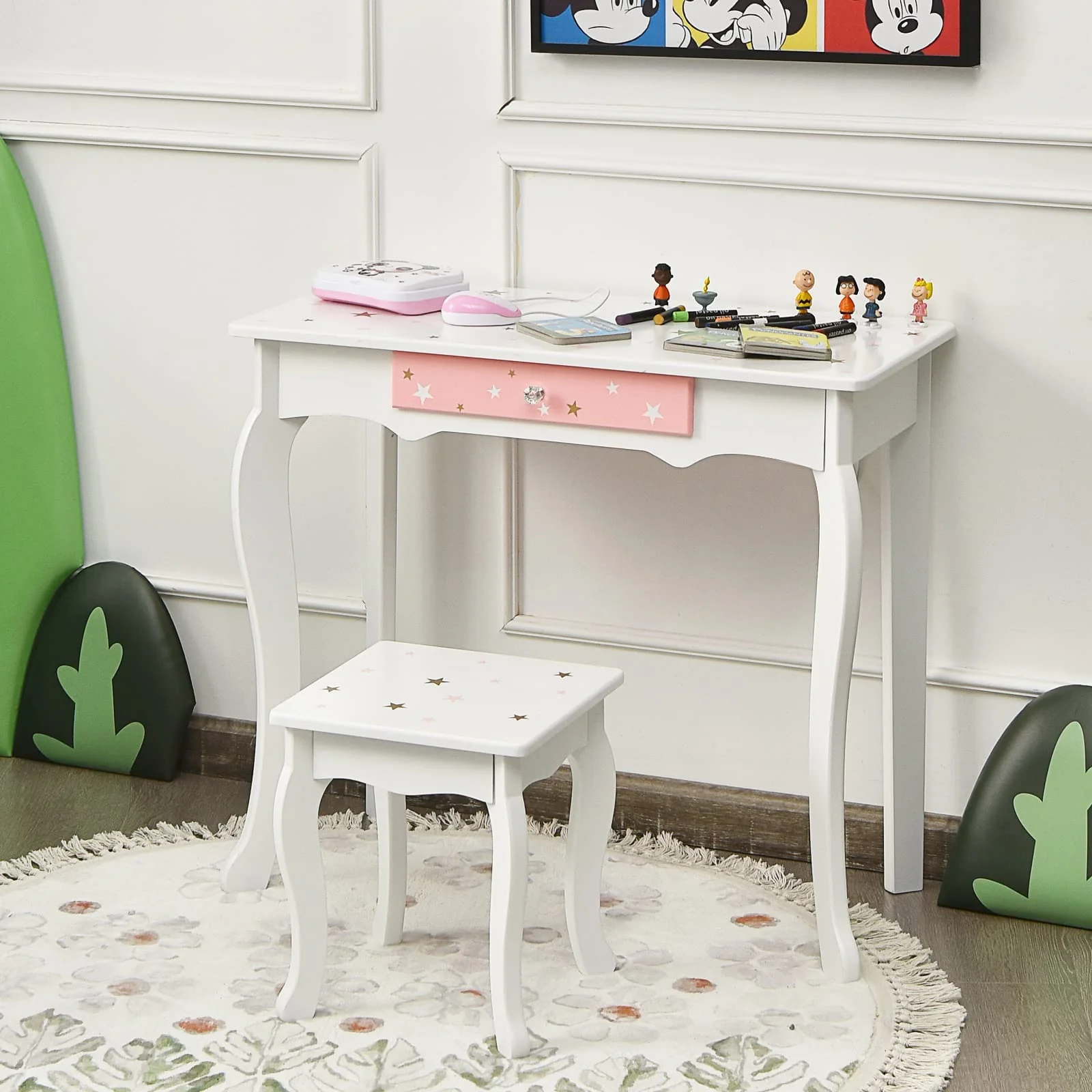 HONEY JOY Kids Pretend Play Vanity Set, 2-in-1 Wooden Princess Makeup Dressing Table w/Stool & Drawer - Image 5
