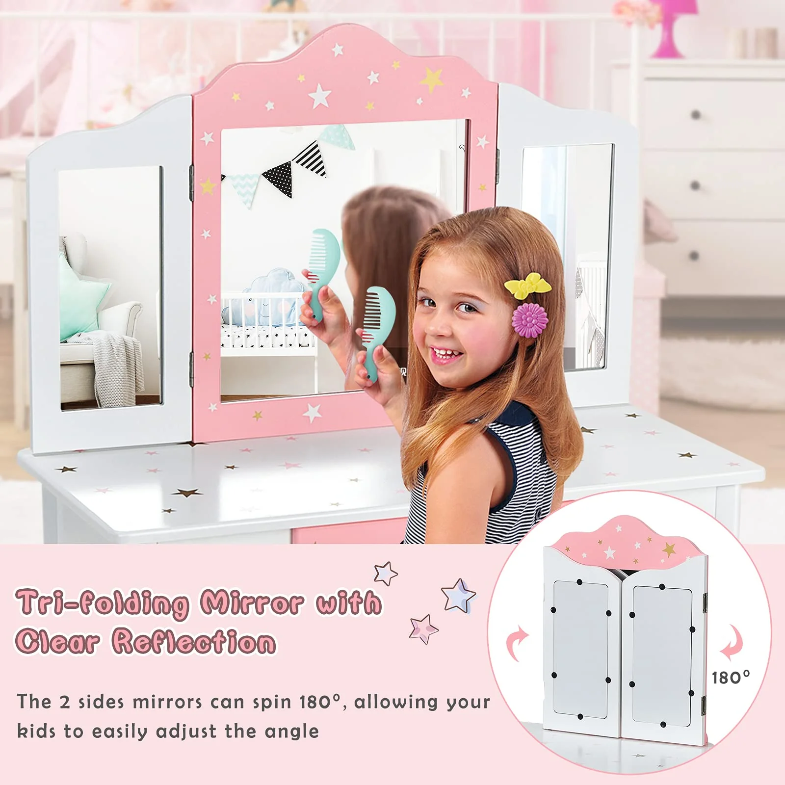 HONEY JOY Kids Pretend Play Vanity Set, 2-in-1 Wooden Princess Makeup Dressing Table w/Stool & Drawer - Image 6