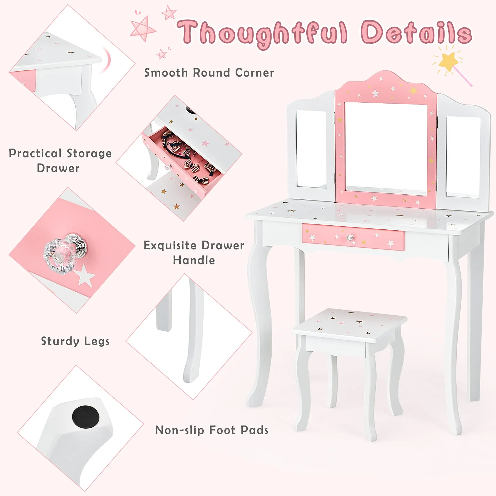 HONEY JOY Kids Pretend Play Vanity Set, 2-in-1 Wooden Princess Makeup Dressing Table w/Stool & Drawer - Image 7