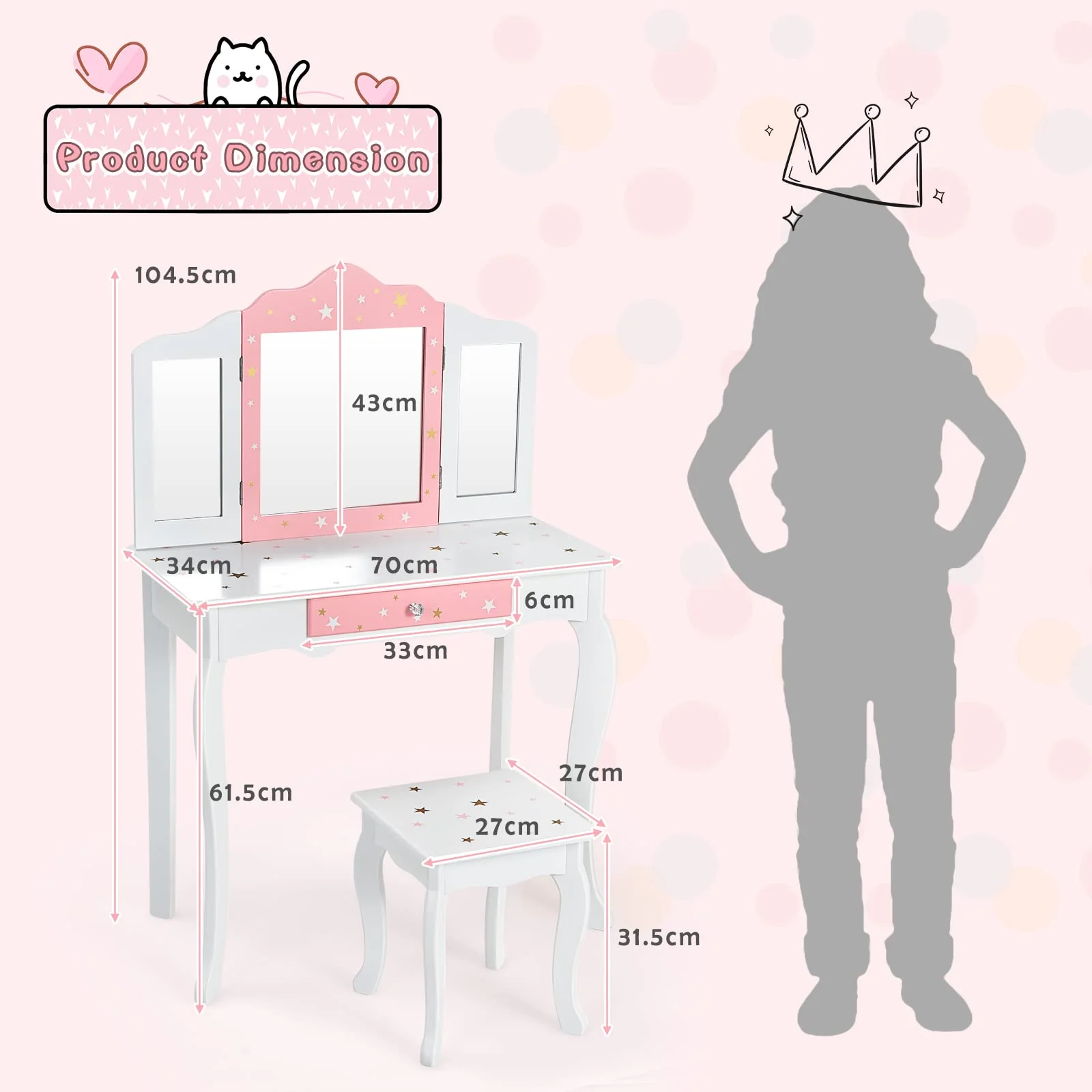HONEY JOY Kids Pretend Play Vanity Set, 2-in-1 Wooden Princess Makeup Dressing Table w/Stool & Drawer - Image 8