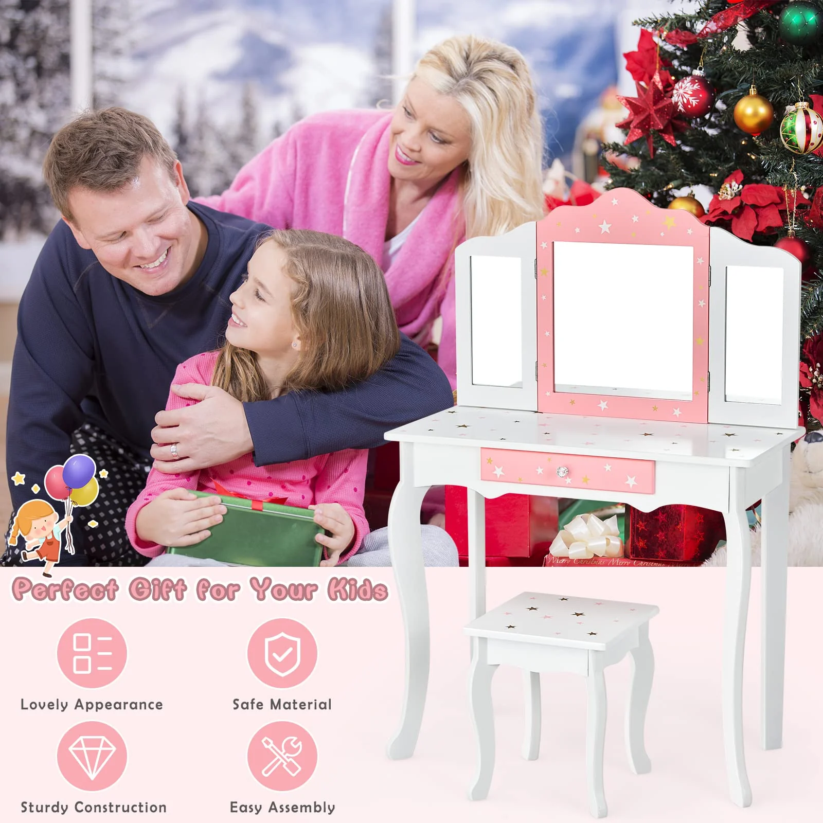 HONEY JOY Kids Pretend Play Vanity Set, 2-in-1 Wooden Princess Makeup Dressing Table w/Stool & Drawer - Image 9