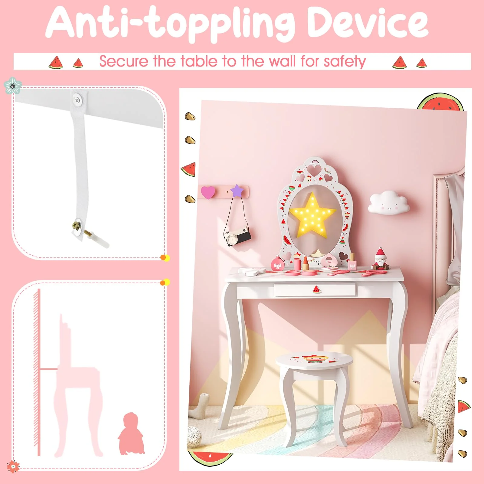 HONEY JOY Kids Princess Vanity Set, 2 in 1 Children Dressing Table w/Removable Mirror & Storage Drawer, Pretend Play Writing Desk Chair - Image 3