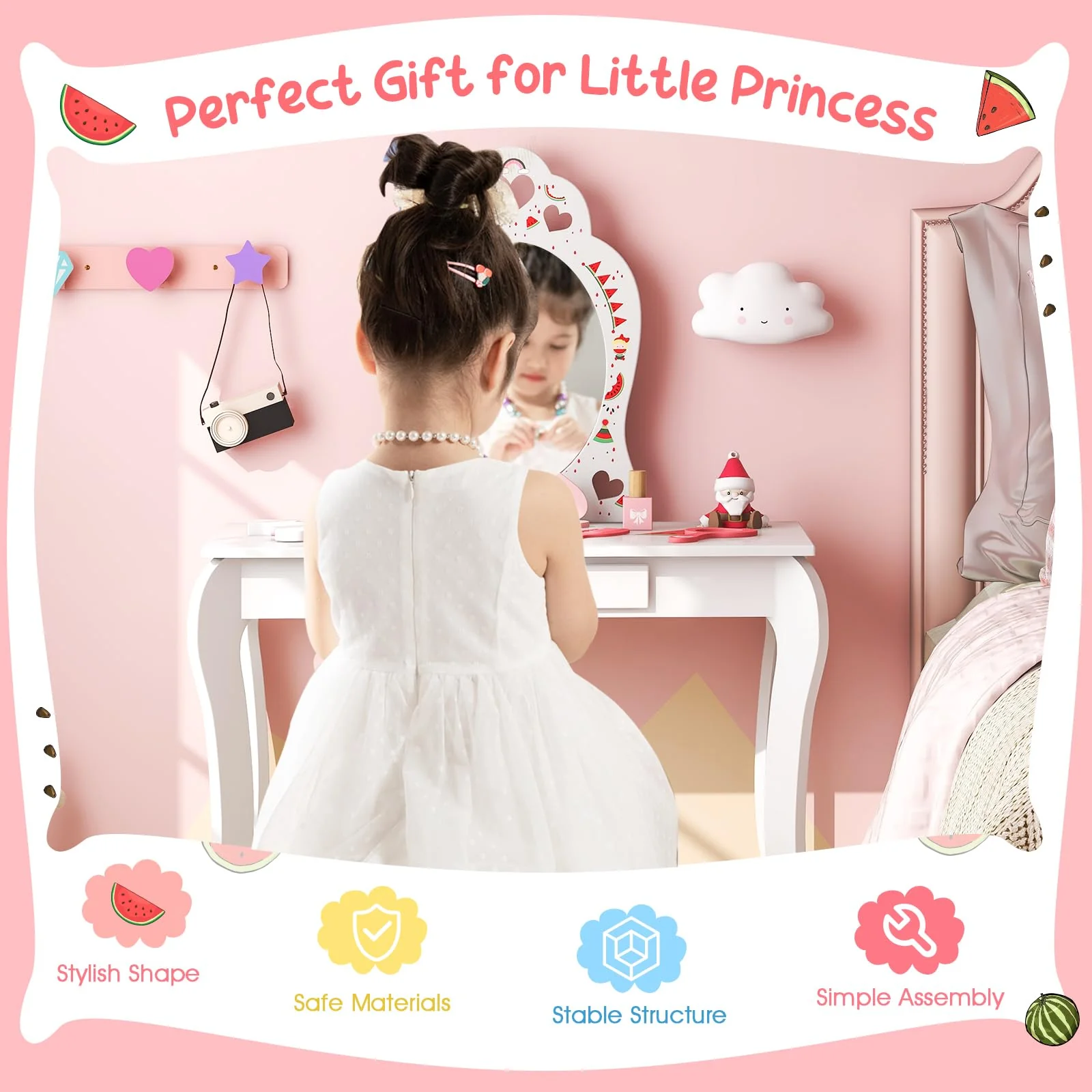HONEY JOY Kids Princess Vanity Set, 2 in 1 Children Dressing Table w/Removable Mirror & Storage Drawer, Pretend Play Writing Desk Chair - Image 5