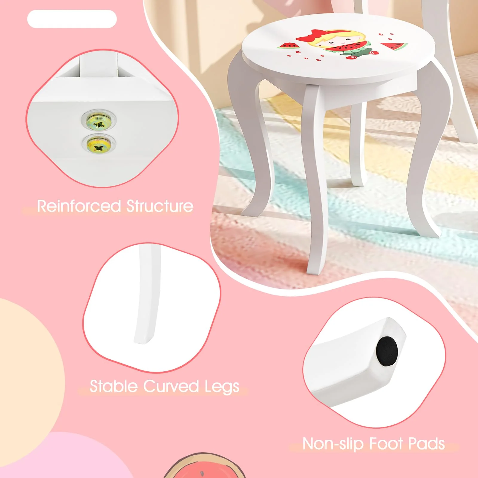 HONEY JOY Kids Princess Vanity Set, 2 in 1 Children Dressing Table w/Removable Mirror & Storage Drawer, Pretend Play Writing Desk Chair - Image 6