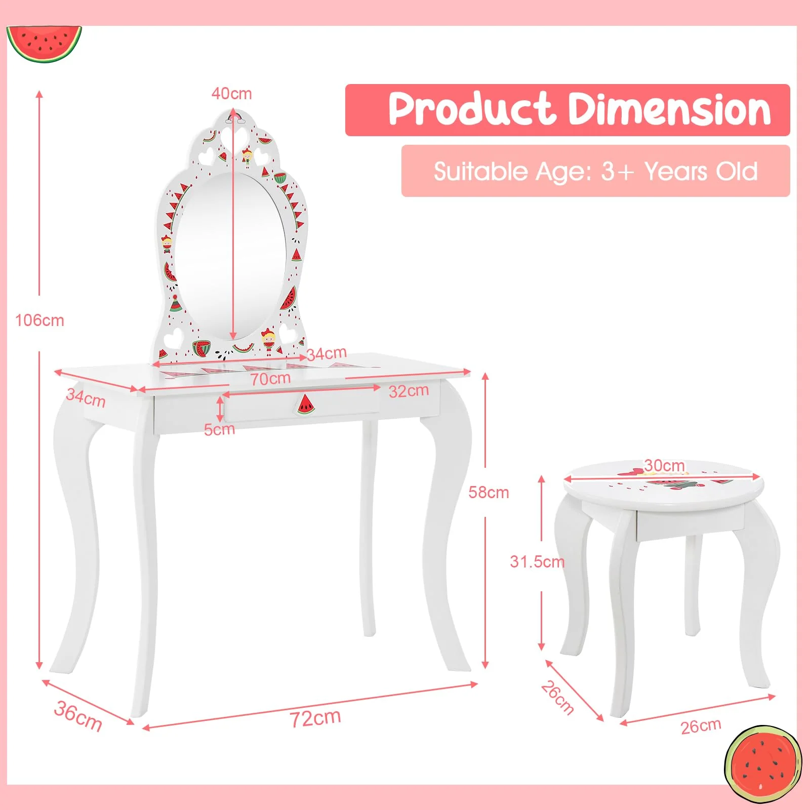 HONEY JOY Kids Princess Vanity Set, 2 in 1 Children Dressing Table w/Removable Mirror & Storage Drawer, Pretend Play Writing Desk Chair - Image 7