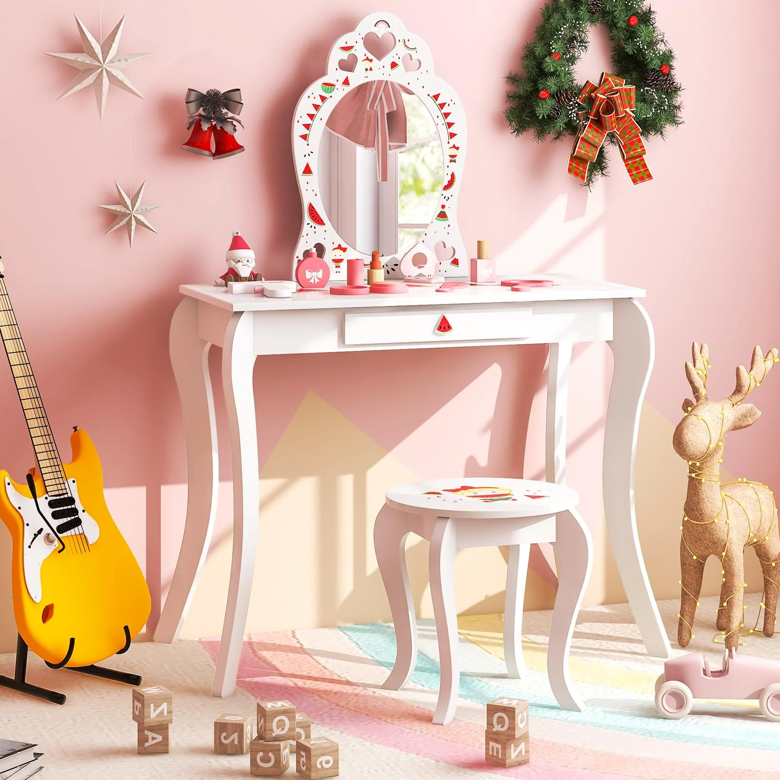 HONEY JOY Kids Princess Vanity Set, 2 in 1 Children Dressing Table w/Removable Mirror & Storage Drawer, Pretend Play Writing Desk Chair - Image 8