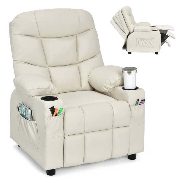HONEY JOY Kids Recliner Chair with Cup Holder, Adjustable Leather Lounge Armchair w/Footrest Cup - Image 11