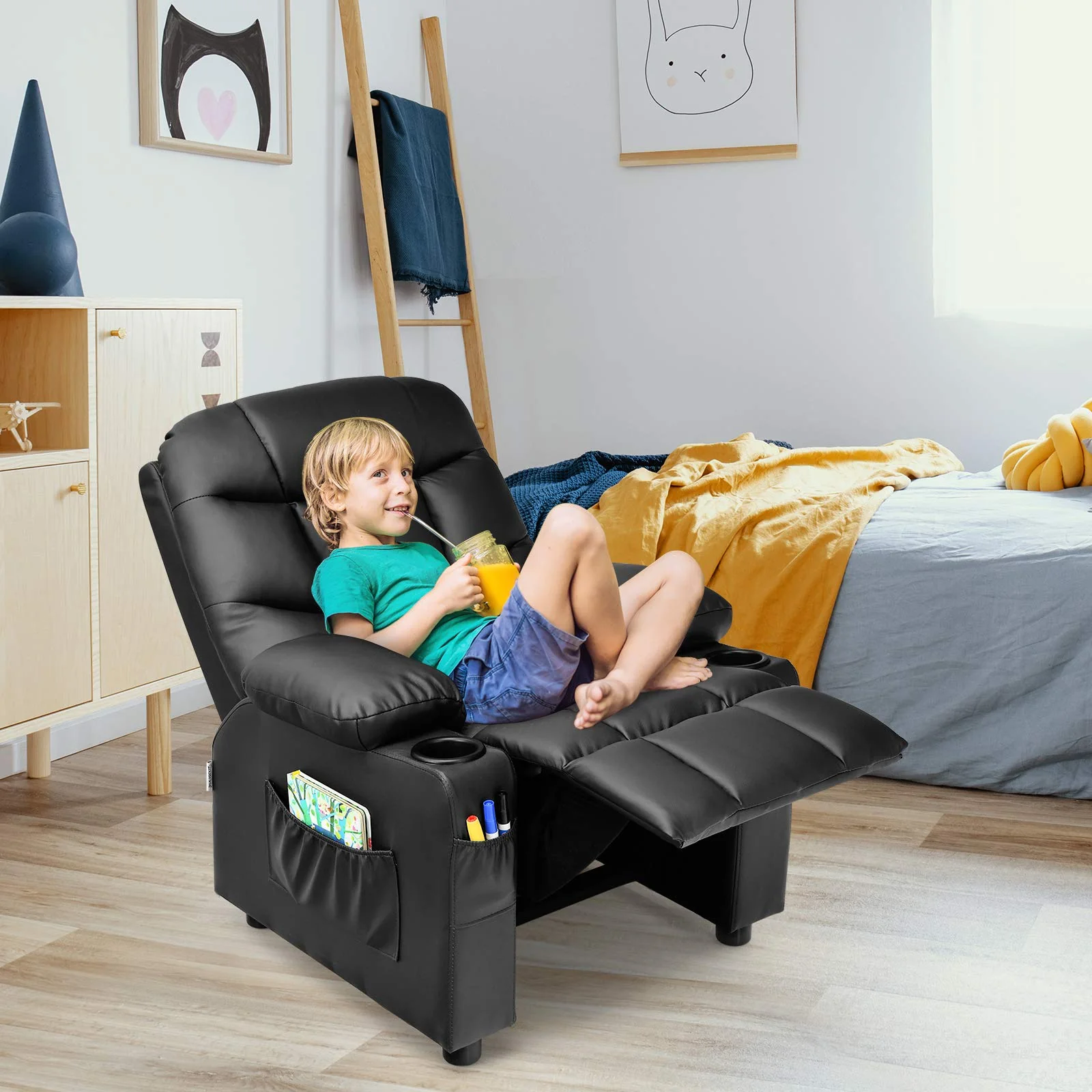 HONEY JOY Kids Recliner Chair with Cup Holder, Adjustable Leather Lounge Armchair w/Footrest Cup - Image 3
