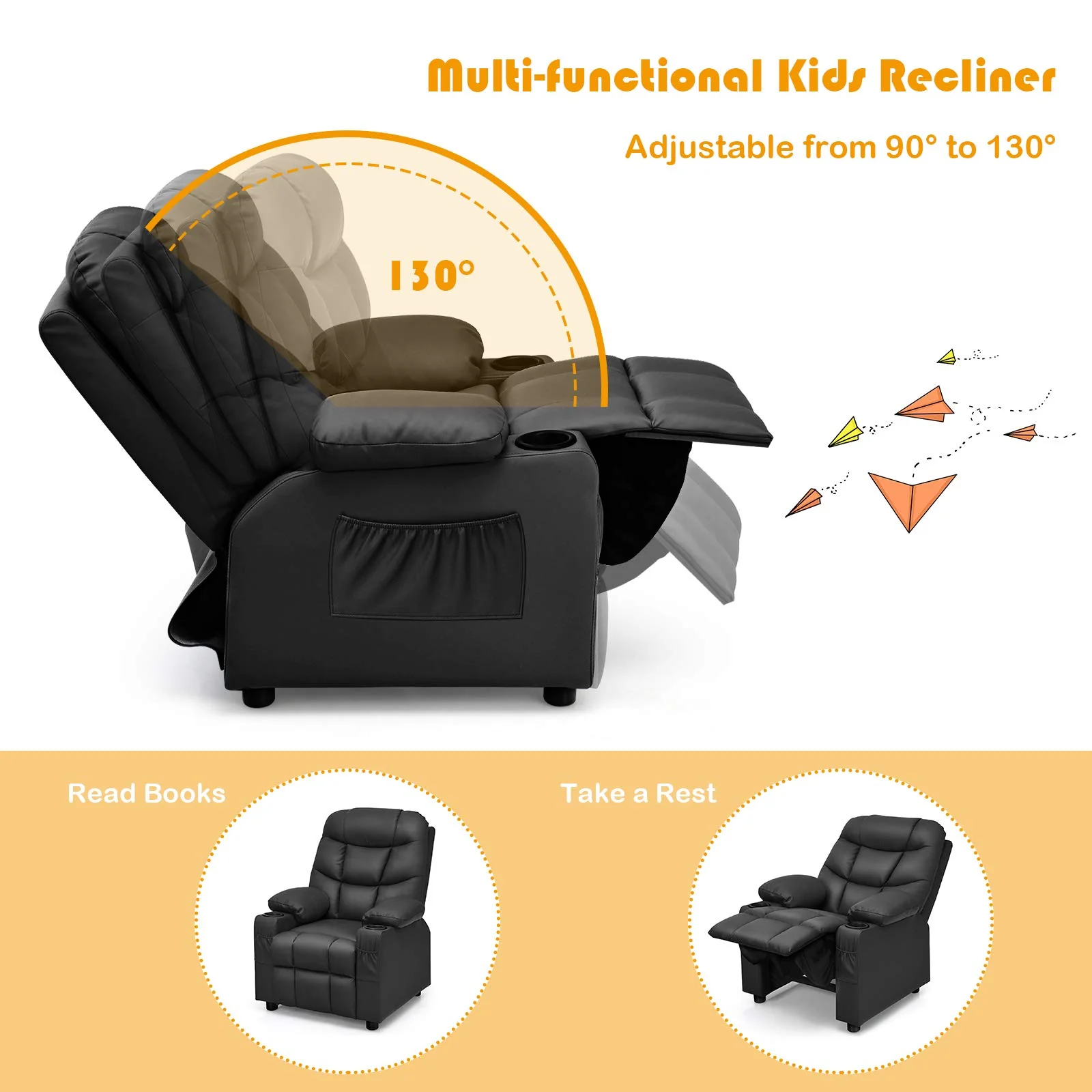 HONEY JOY Kids Recliner Chair with Cup Holder, Adjustable Leather Lounge Armchair w/Footrest Cup - Image 5