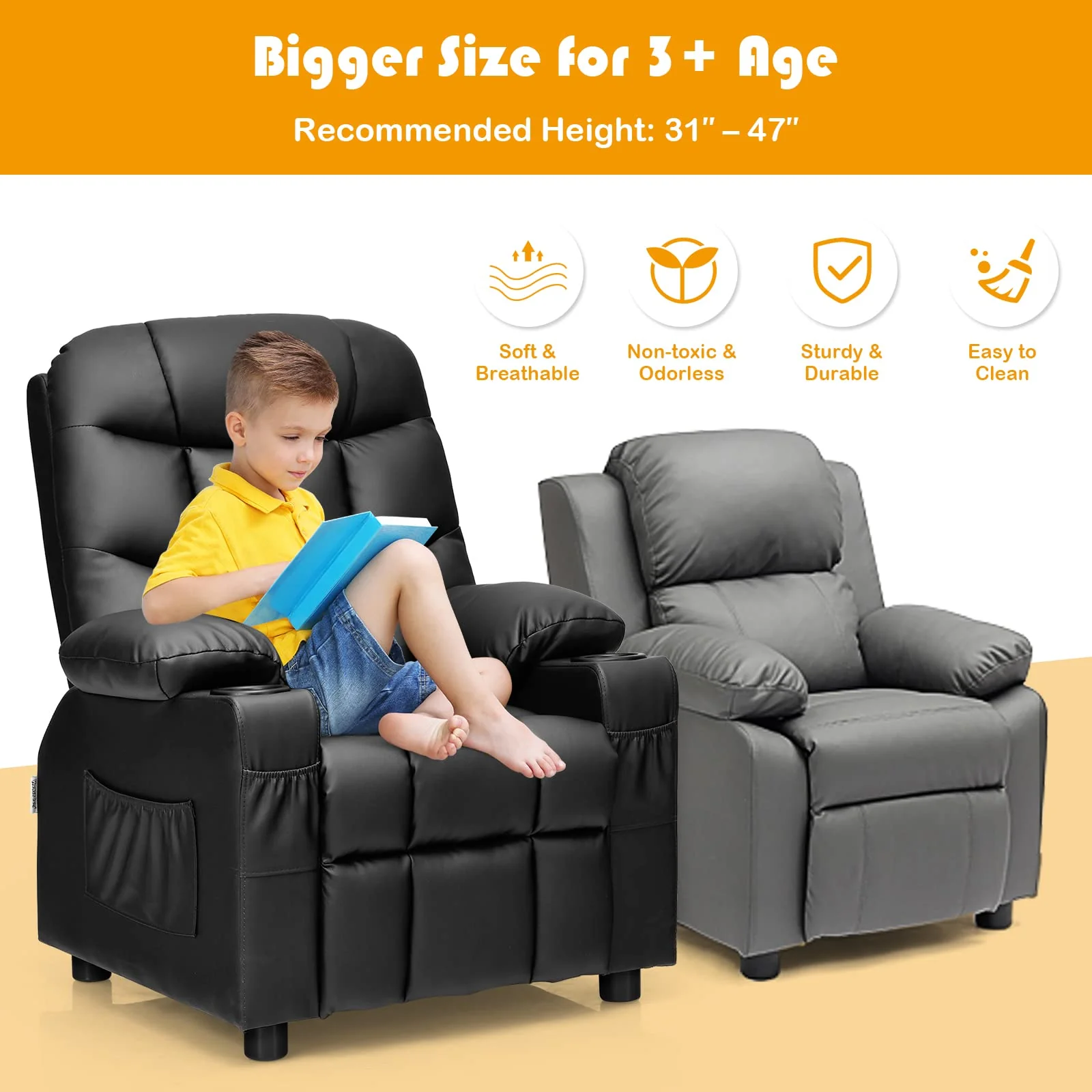 HONEY JOY Kids Recliner Chair with Cup Holder, Adjustable Leather Lounge Armchair w/Footrest Cup - Image 6