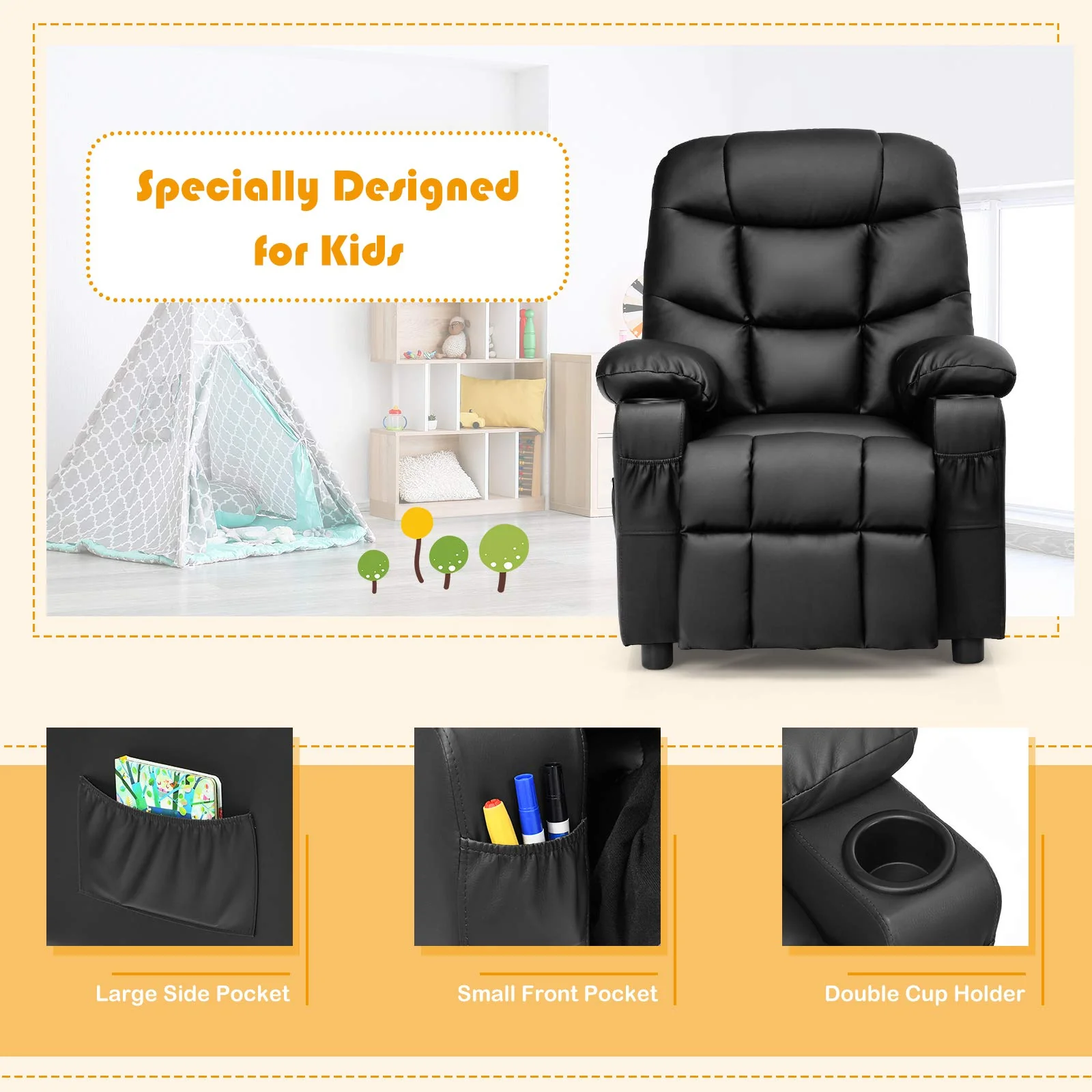 HONEY JOY Kids Recliner Chair with Cup Holder, Adjustable Leather Lounge Armchair w/Footrest Cup - Image 7