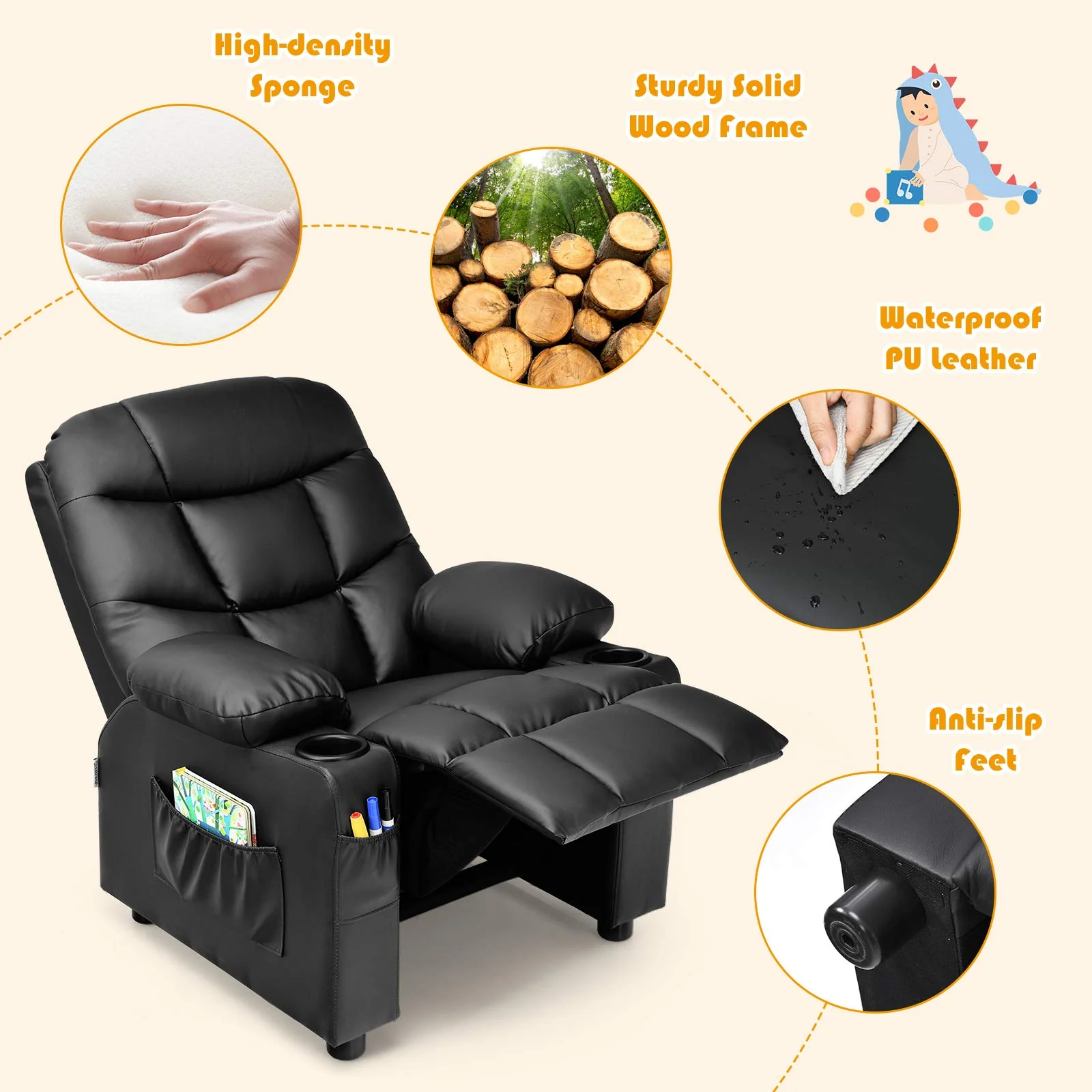 HONEY JOY Kids Recliner Chair with Cup Holder, Adjustable Leather Lounge Armchair w/Footrest Cup - Image 8