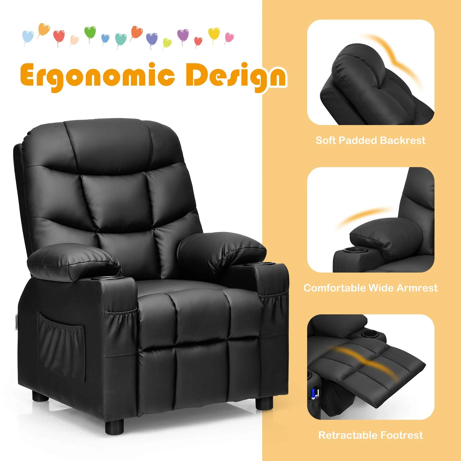 HONEY JOY Kids Recliner Chair with Cup Holder, Adjustable Leather Lounge Armchair w/Footrest Cup - Image 9