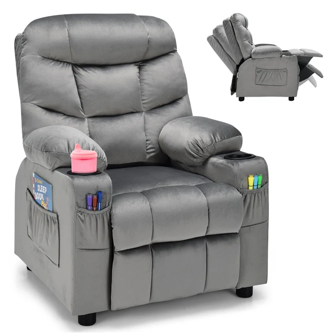 HONEY JOY Kids Recliner Chair with Cup Holder, Adjustable Velvet Lounge Chair w/Footrest & Side Pockets for Children Boys Girls Room - Image 10