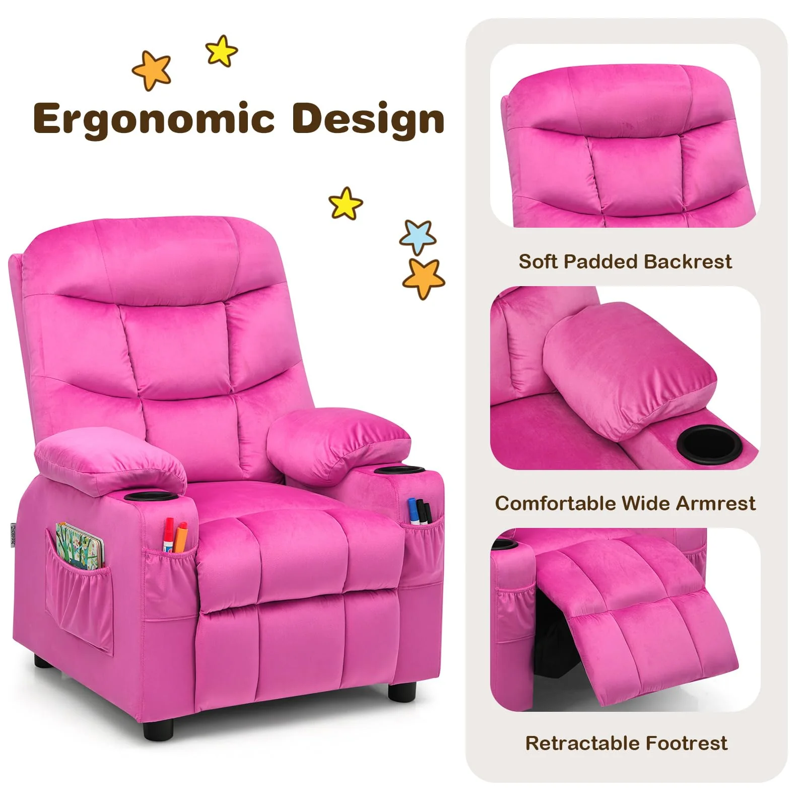 HONEY JOY Kids Recliner Chair with Cup Holder, Adjustable Velvet Lounge Chair w/Footrest & Side Pockets for Children Boys Girls Room - Image 3