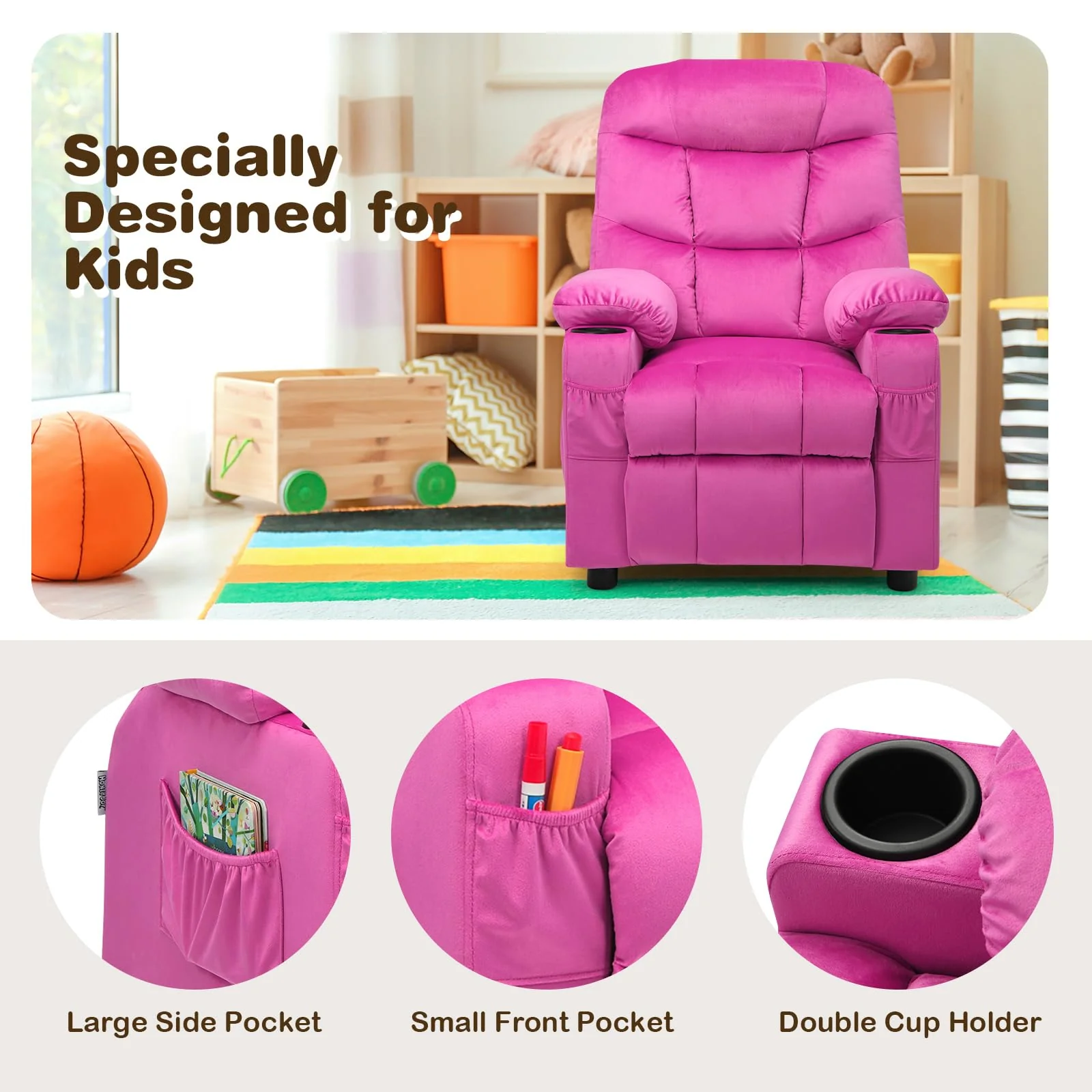 HONEY JOY Kids Recliner Chair with Cup Holder, Adjustable Velvet Lounge Chair w/Footrest & Side Pockets for Children Boys Girls Room - Image 4