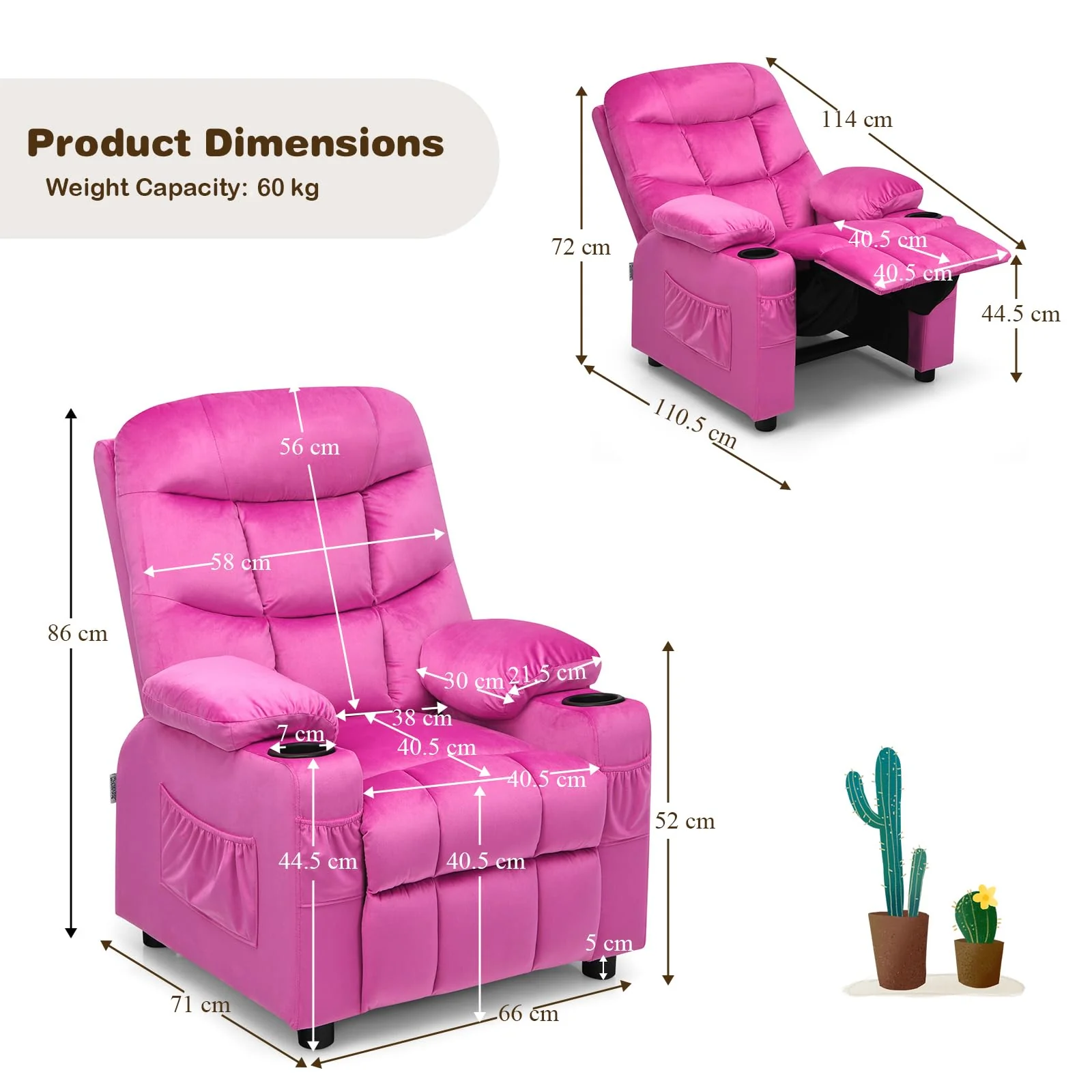 HONEY JOY Kids Recliner Chair with Cup Holder, Adjustable Velvet Lounge Chair w/Footrest & Side Pockets for Children Boys Girls Room - Image 5