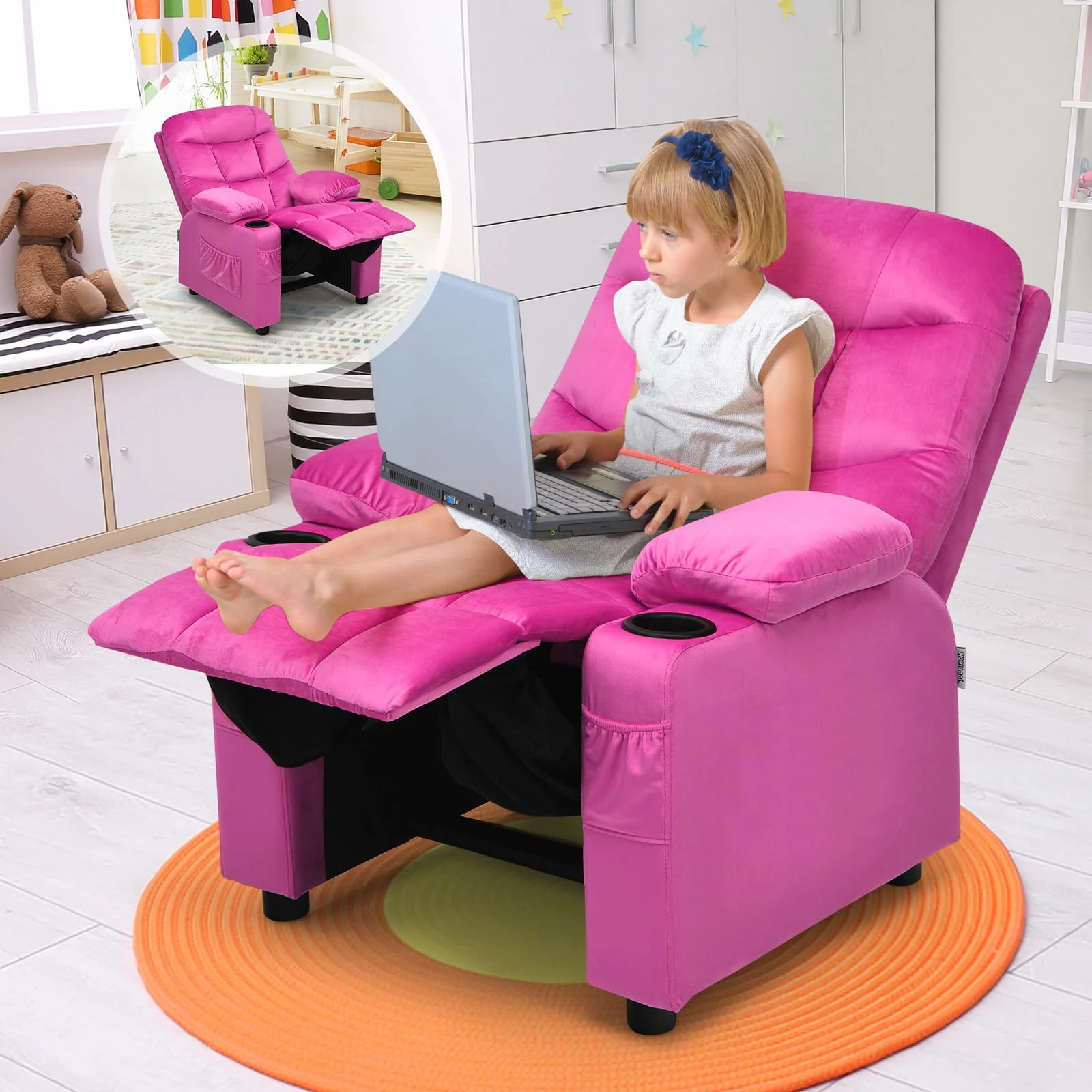 HONEY JOY Kids Recliner Chair with Cup Holder, Adjustable Velvet Lounge Chair w/Footrest & Side Pockets for Children Boys Girls Room - Image 6