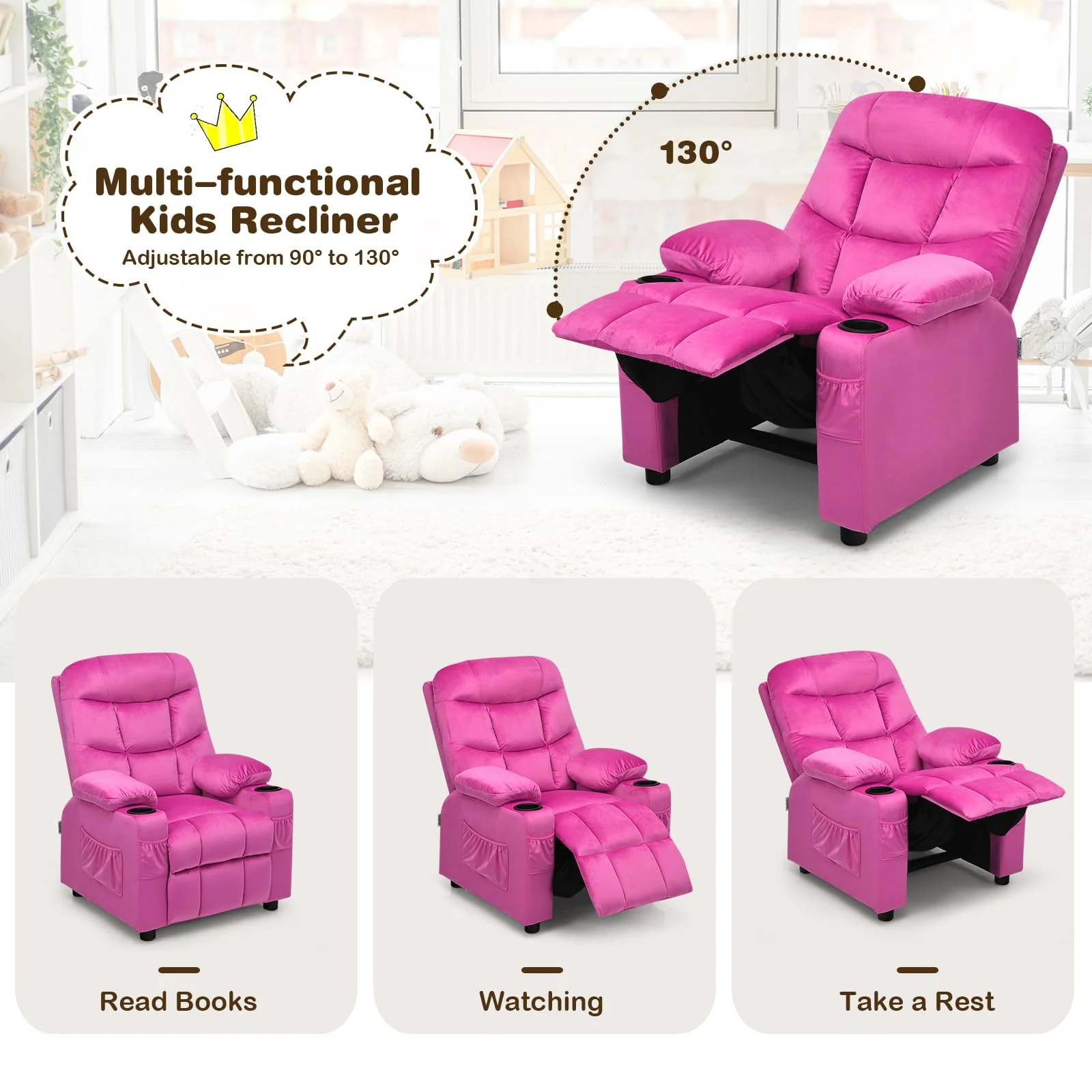 HONEY JOY Kids Recliner Chair with Cup Holder, Adjustable Velvet Lounge Chair w/Footrest & Side Pockets for Children Boys Girls Room - Image 7