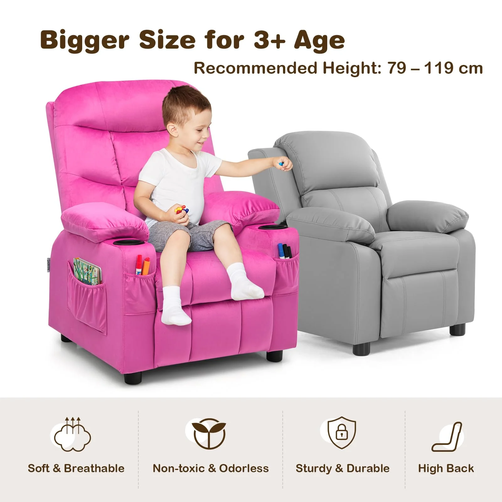 HONEY JOY Kids Recliner Chair with Cup Holder, Adjustable Velvet Lounge Chair w/Footrest & Side Pockets for Children Boys Girls Room - Image 8
