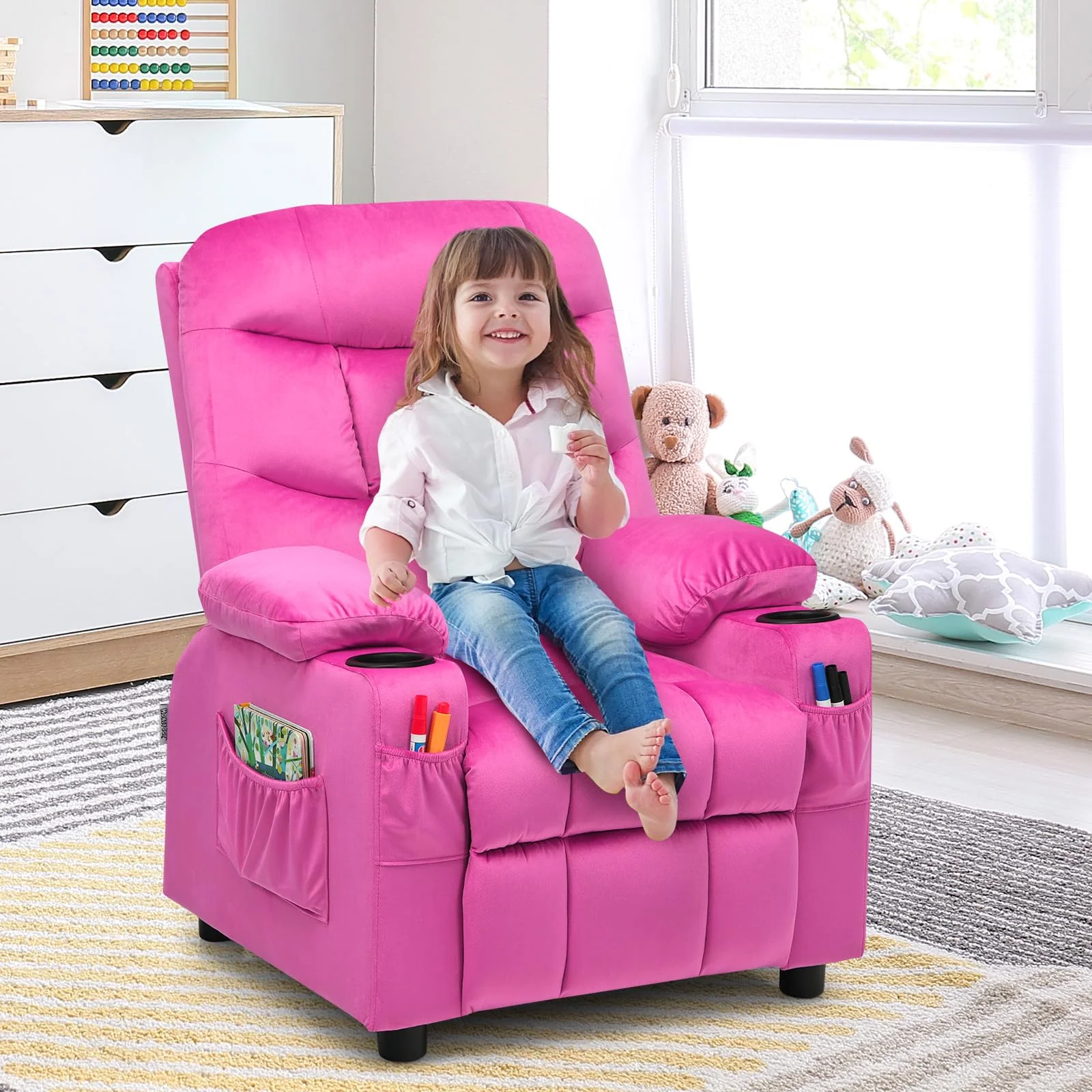 HONEY JOY Kids Recliner Chair with Cup Holder, Adjustable Velvet Lounge Chair w/Footrest & Side Pockets for Children Boys Girls Room - Image 9