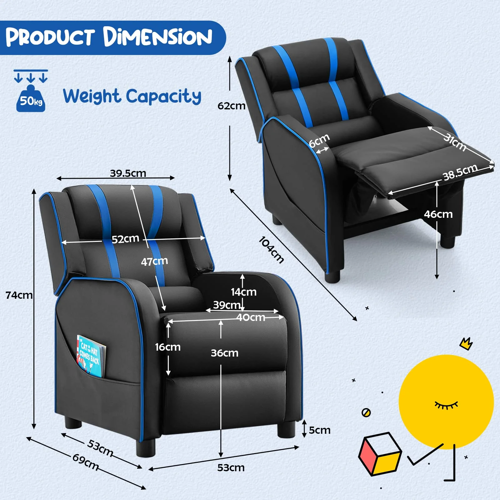 HONEY JOY Kids Recliner Chair with Side Pockets, Toddler Ergonomic PU Leather Sofa Couch w/Adjustable Backrest Footrest & High Density Sponge - Image 3