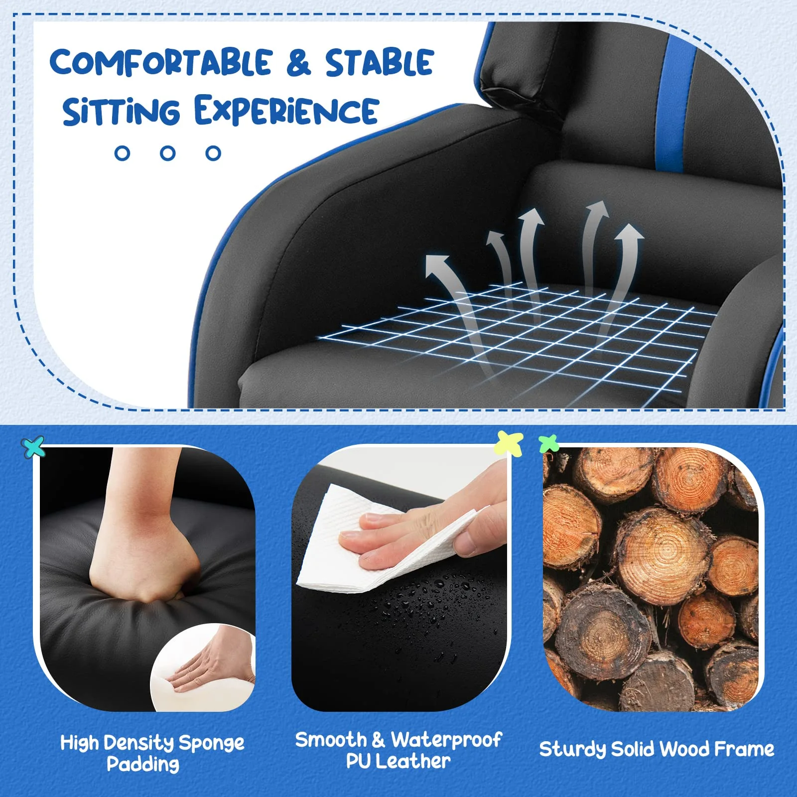 HONEY JOY Kids Recliner Chair with Side Pockets, Toddler Ergonomic PU Leather Sofa Couch w/Adjustable Backrest Footrest & High Density Sponge - Image 4
