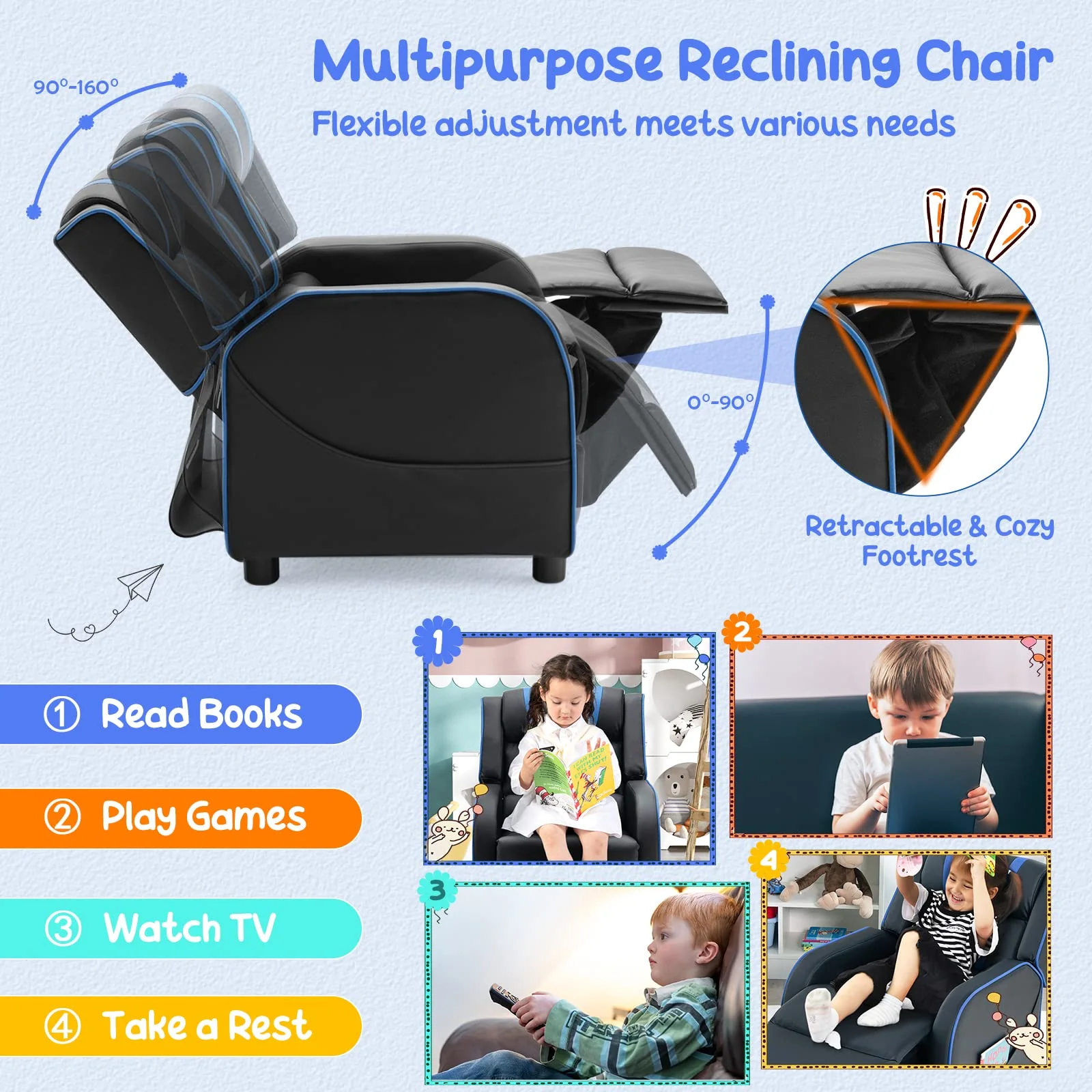 HONEY JOY Kids Recliner Chair with Side Pockets, Toddler Ergonomic PU Leather Sofa Couch w/Adjustable Backrest Footrest & High Density Sponge - Image 5