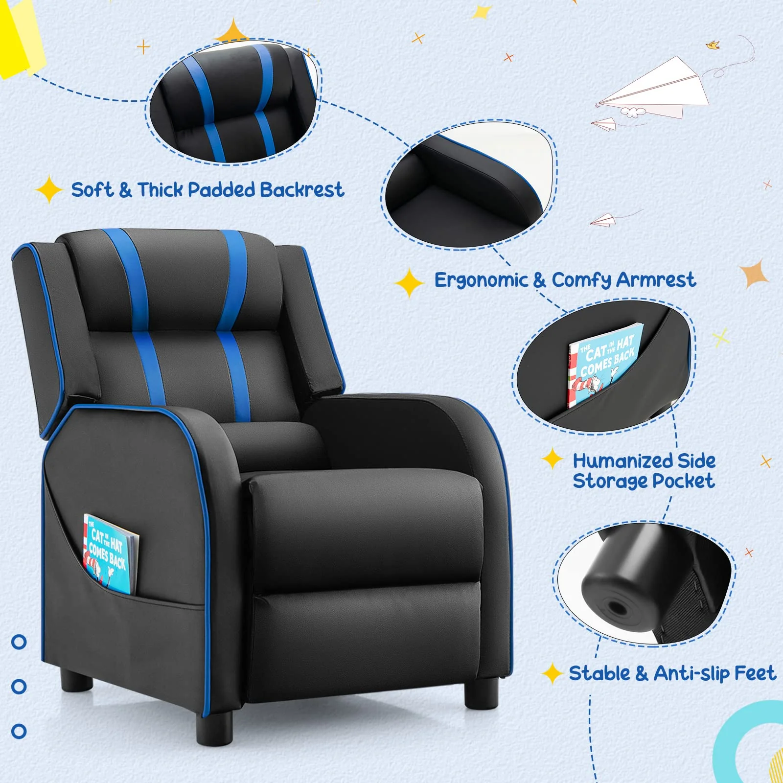 HONEY JOY Kids Recliner Chair with Side Pockets, Toddler Ergonomic PU Leather Sofa Couch w/Adjustable Backrest Footrest & High Density Sponge - Image 7