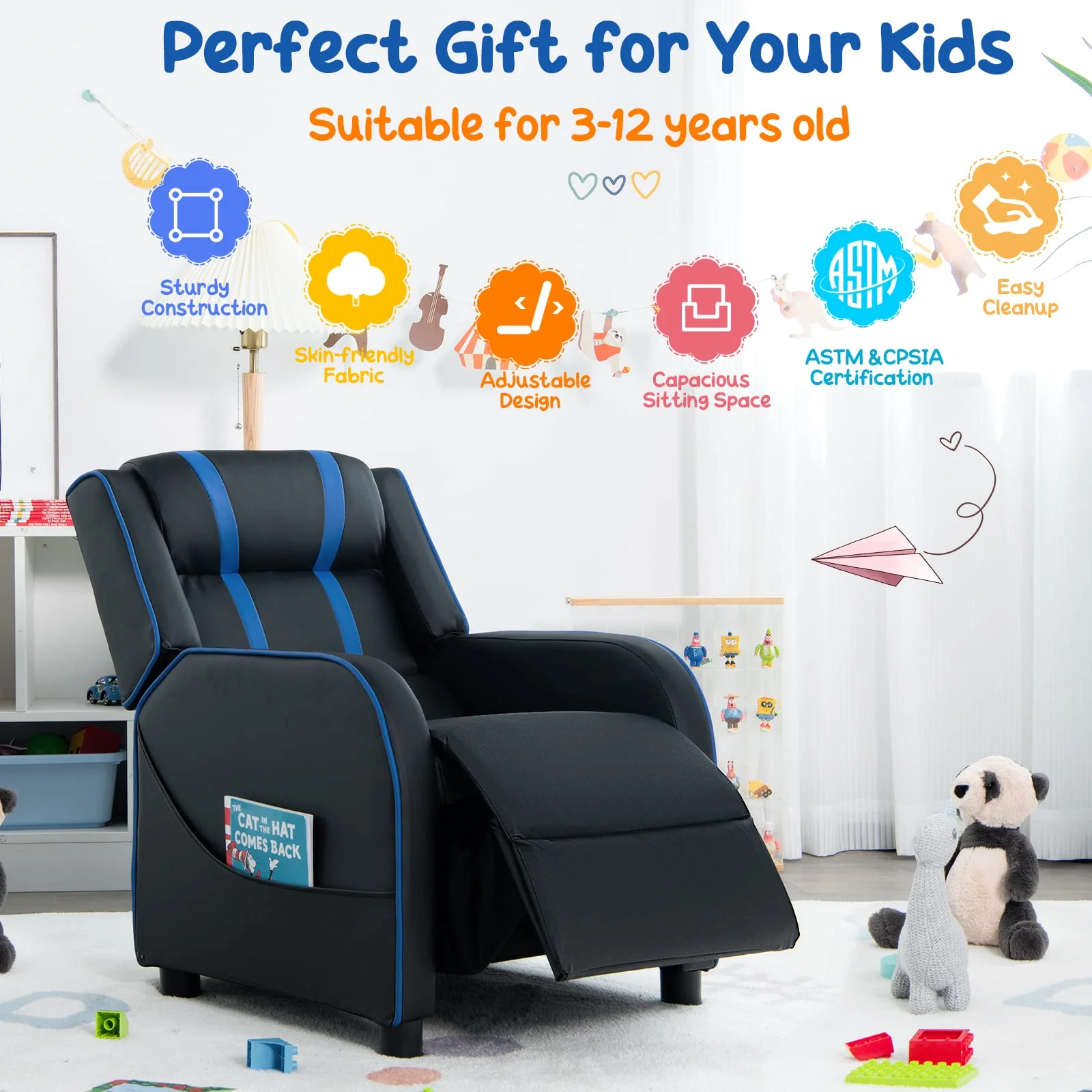 HONEY JOY Kids Recliner Chair with Side Pockets, Toddler Ergonomic PU Leather Sofa Couch w/Adjustable Backrest Footrest & High Density Sponge - Image 8