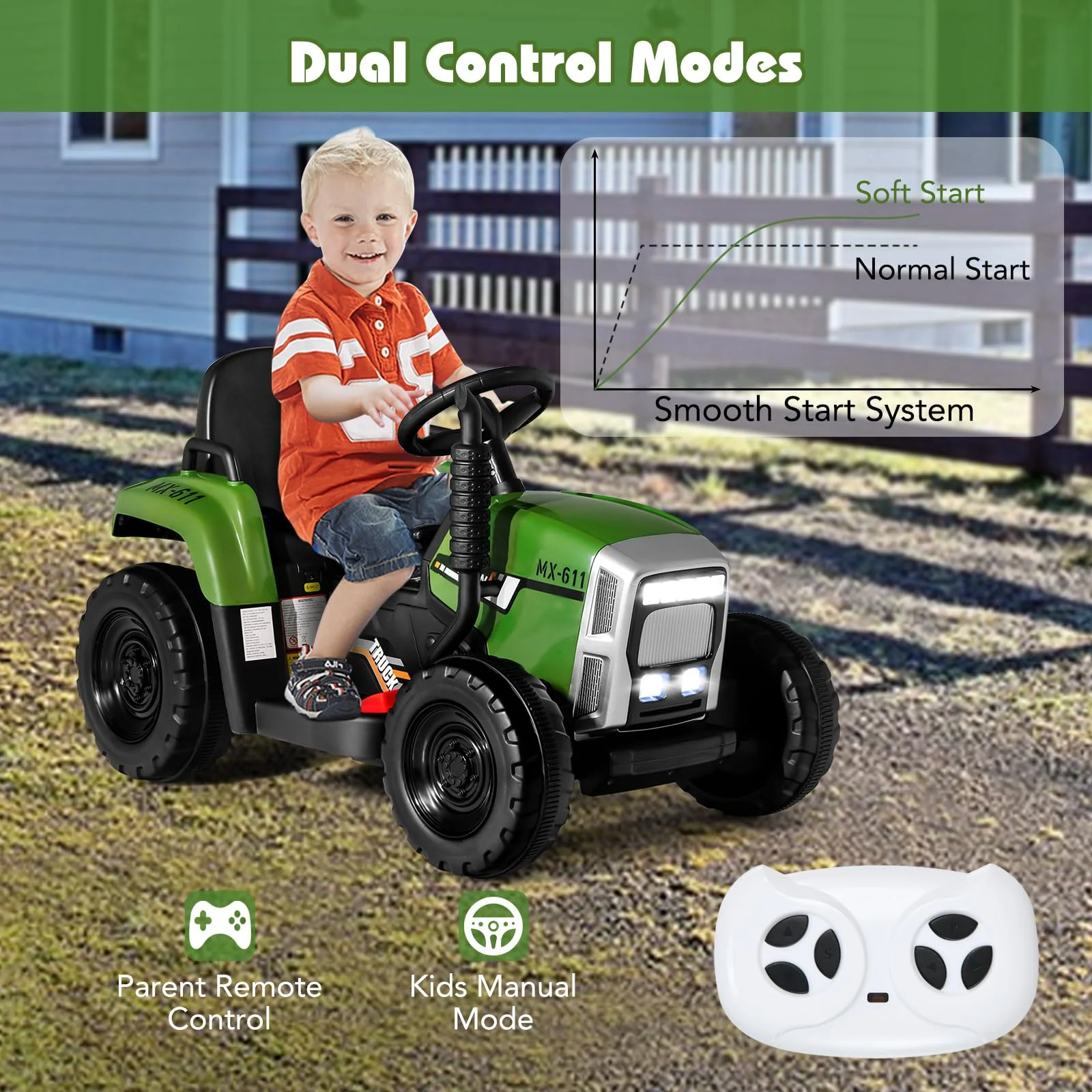 HONEY JOY Kids Ride On Car, 12V Electric Ride On Tractor with Trailer for Children, Electric Toy Car for Over 3 w/Remote Control - Image 10