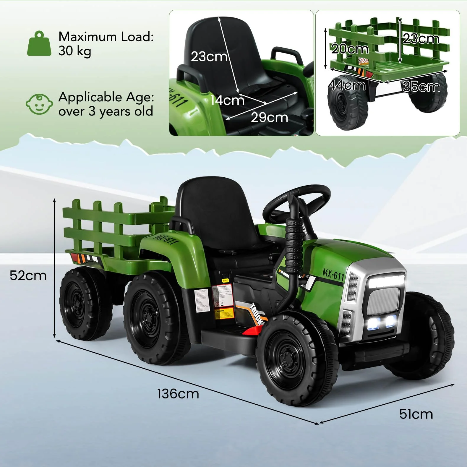 HONEY JOY Kids Ride On Car, 12V Electric Ride On Tractor with Trailer for Children, Electric Toy Car for Over 3 w/Remote Control - Image 12
